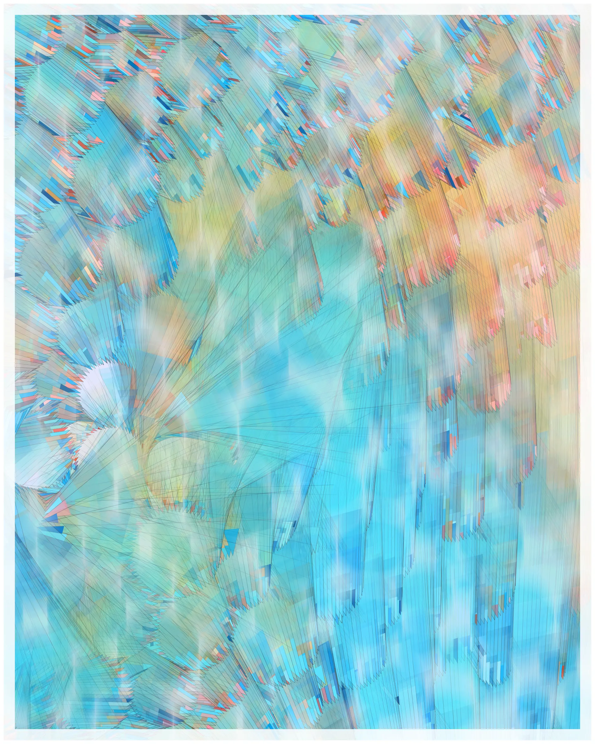 _There are no artifacts. There are only interpretations._

Glass is about the illusion of simplicity that cocoons us in our everyday existence. A glance at Glass may suggest a foam of bubbles or pebbles under clear water. But on inspection, these simple pictures dissolve. Instead of disks one finds stacked panes of translucent glass, intersecting and overlapping. There is dissonance between fine-scale chaos and the harmony of the aggregate. In Glass, two levels of reality -- panes of glass and the foam of bubbles -- are brought close together in scale, so that our oversimplified impression yields a palpable disquiet.

What appears simple is often anything but. Consider a standard wooden desk. To our eyes, it looks solid and continuous, but we know that it is made of atoms, tiny electrons orbiting nuclei. And these subatomic particles are themselves not like miniature solar systems, but creatures of quantum mechanics, stranger than we can imagine. The vast difference in scale between the atomic and the macroscopic hides this complex reality, but fundamentally it is the same phenomenon shown here.

Glass continues my exploration of emergence. While in previous work I explored how simple systems can create complex, emergent forms, here the interest is in the converse: how coherence is often deceptive, masking a complex underlying reality.

Glass draws on the aesthetic of Shin Hanga artists Hiroshi Yoshida and Kawase Hasui, and abstract expressionist Sonja Sekula. In live view, Glass has ambient motion: the shadows evolve, imperceptibly slowly.

The following variations & controls are possible. You may need to click on the canvas before they are active. For a high-resolution output, use the pixel density controls. For example, on a standard laptop, an image saved at pixel density 5 will be approximately 3200 x 4000 pixels, and therefore suitable for printing at ~ 11" x 13" at 300 dpi.

Variations (require redrawing):

f -- fit-to-screen on/off
o -- outline on/off

Controls:

s   -- save as png
spacebar  -- pause/unpause ( useful to reduce CPU load in Live mode )
b -- border on/off ( useful for printing )
1-9  -- set pixel density (default=2 on retina displays)
+/-  -- increase/decrease pixel density