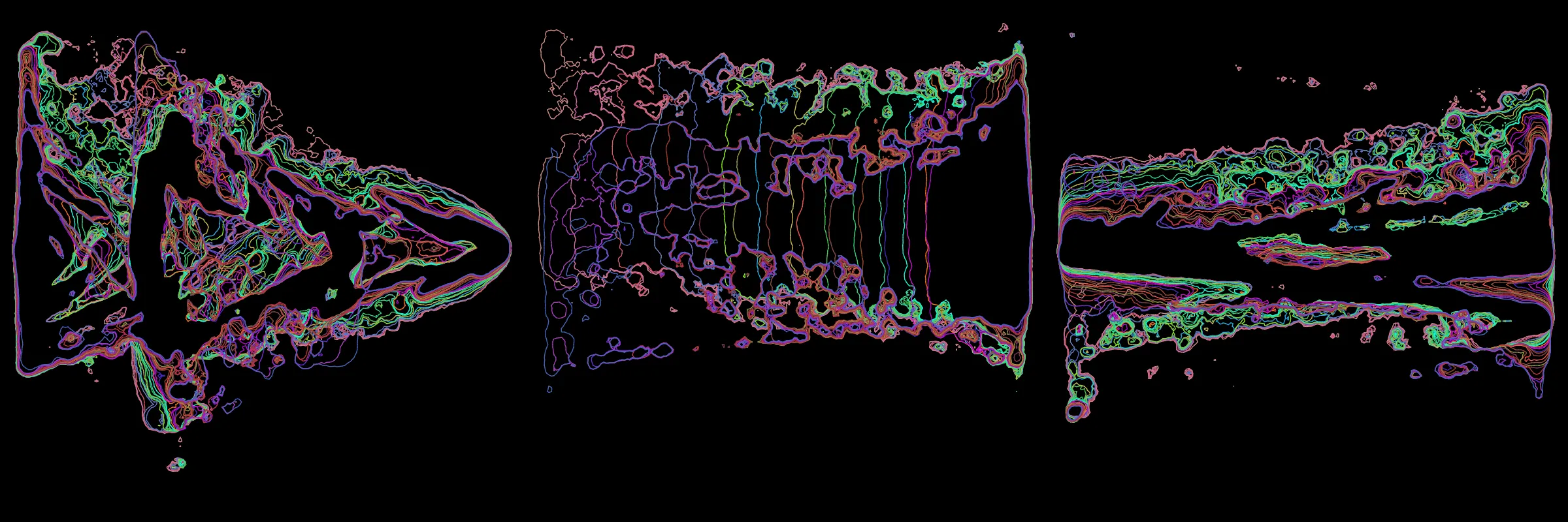 Primordial presents forms as diverse as those found in the natural world. The emergent system powering Primordial is capable of generating this diversity but is hard to control. After the initial generation there is a curation step; forms must meet certain criteria or the algorithm replaces them.

The forms produced by Primordial are presented in a triptych, as comparing multiple outputs is fundamental to understanding a generative algorithm. Primordial attempts to generate triptychs where the individual forms are related, and the results can be surprisingly harmonious or discordant.

Once the triptych is finalized, click on one of the forms to redraw a previous image. Press s to save the entire triptych, or 1-3 to save an individual image.