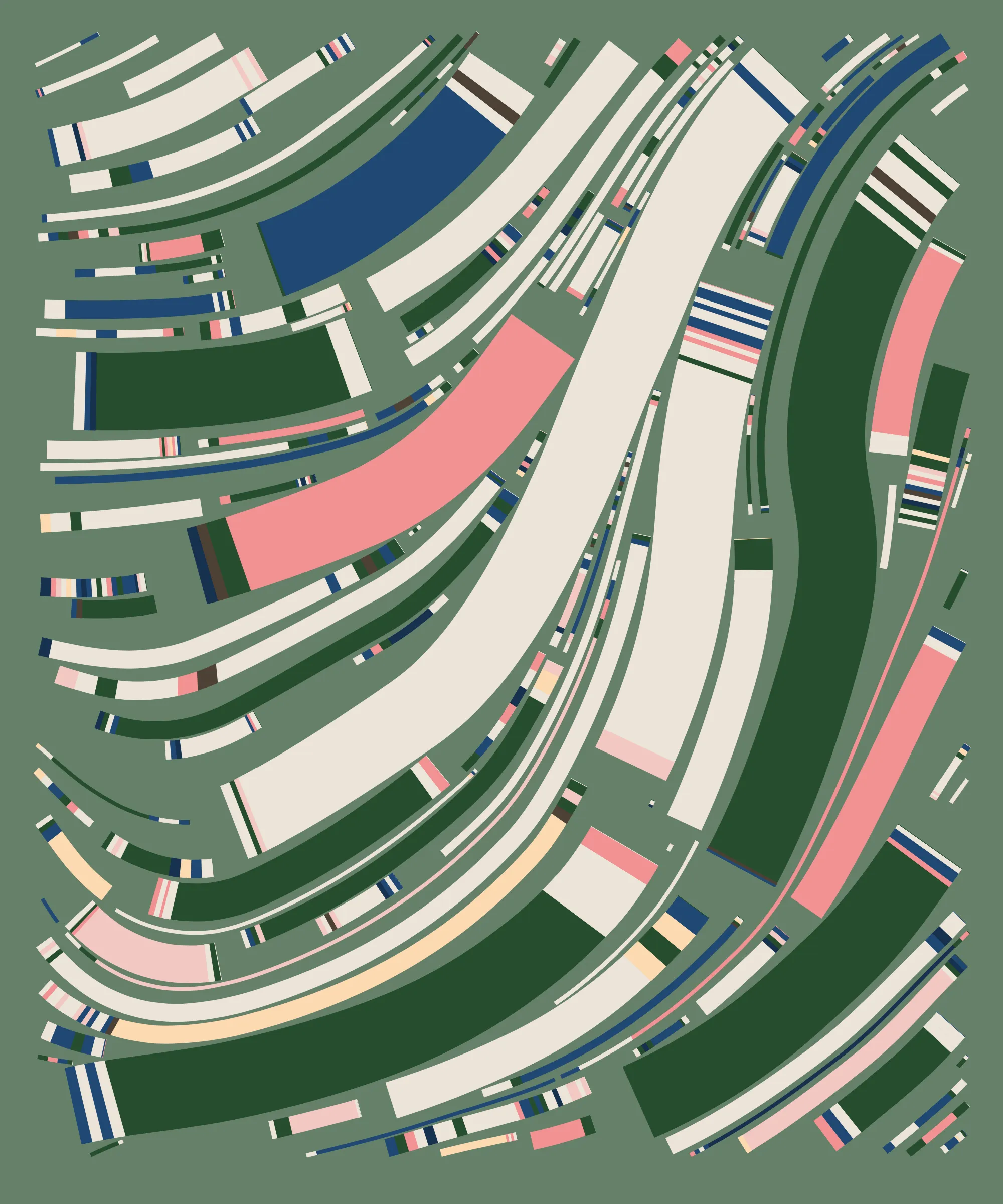 Fidenza is by far my most versatile algorithm to date. Although the program stays focused on structured curves and blocks, the varieties of scale, organization, texture, and color usage it can employ create a wide array of generative possibilities.