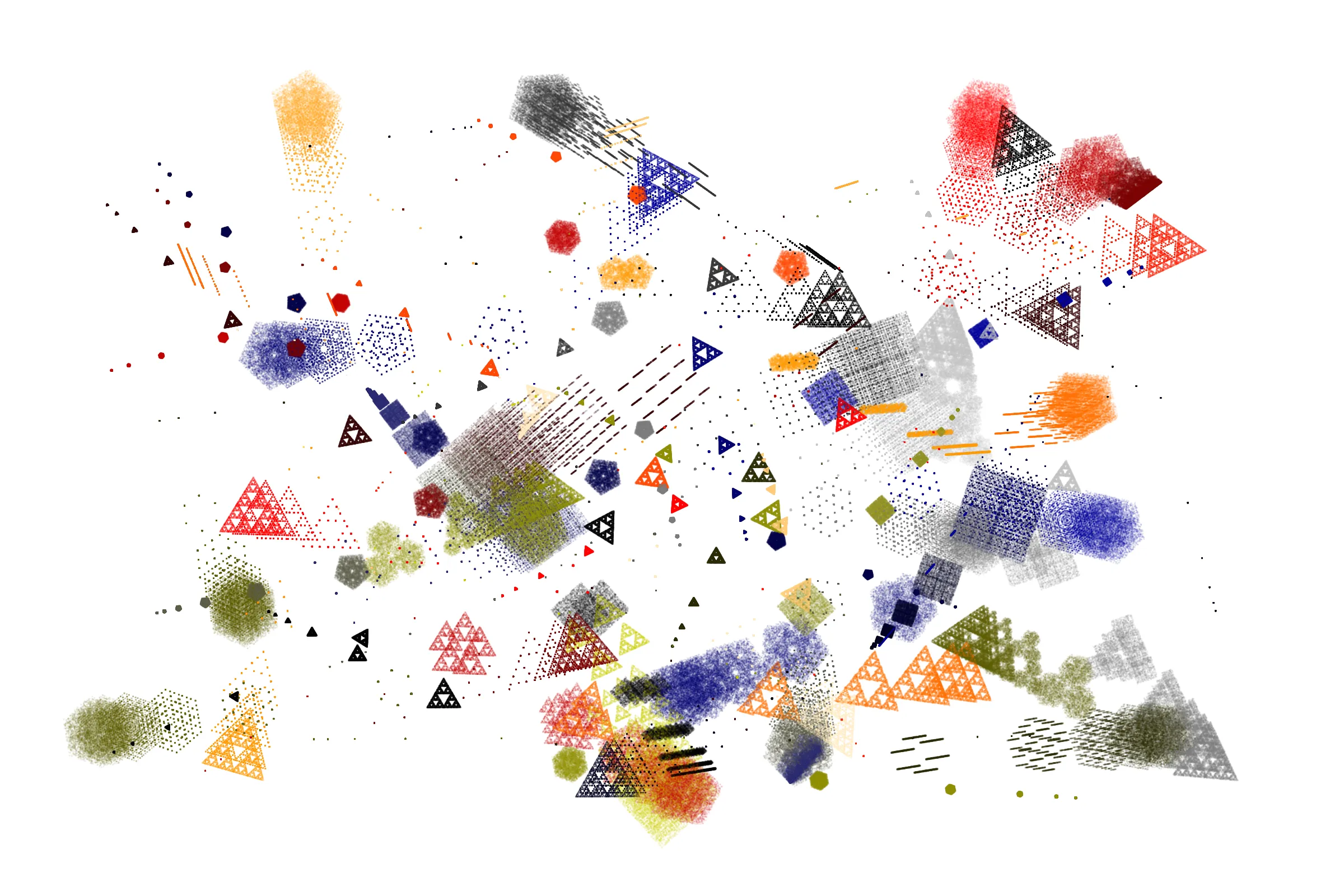 "Attraction" is a system that draws single pixels, one by one, according to a set of rules inspired by the 'Chaos Game'.
Additionally, trigonometric functions may be used to displace pixels, resulting in wave patterns.

All unique properties of each artwork are defined by the token's hash. This hash will set all the parameters: the color palette, the positioning of objects and the rules by which pixels are drawn.

By the nature of this system, several well known patterns from computing and math may appear in the artworks.