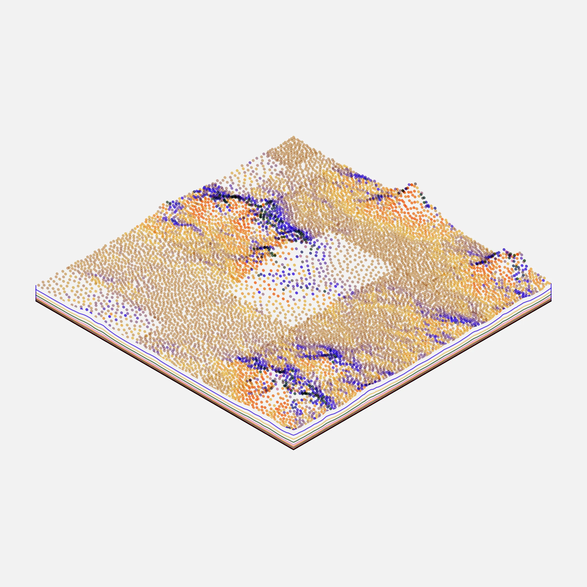 A generative algorithm that draws the impression of a landscape from a multitude of possibilities. The unique seed from each token drives the parametric assortment of lines, colors, and forms into a constructed composition.