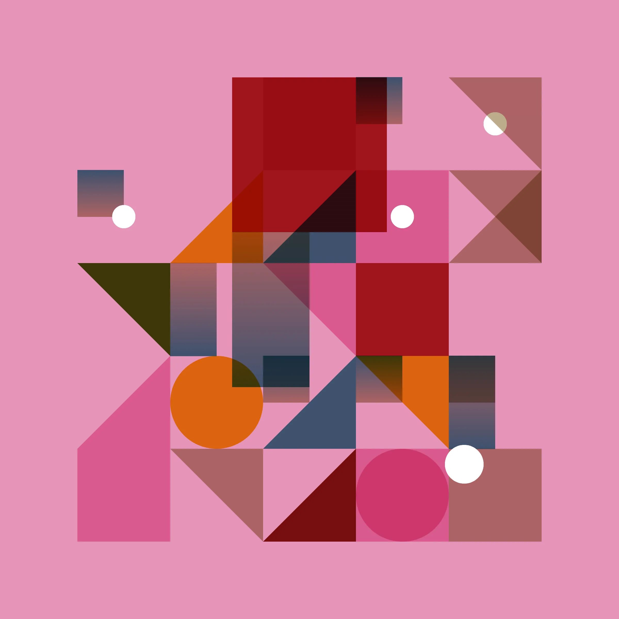 Elementals is inspired by physical printmaking techniques and early Bauhaus principles. It starts with a few basic coloured shapes and arranges them in varying frequencies, sizes, and positions based on a unique transaction hash. Multiple overlaid variable grids allow for myriad layouts and opportunities for colour interaction. The goal is to create pieces that feel both intentional in composition and part of the same family.