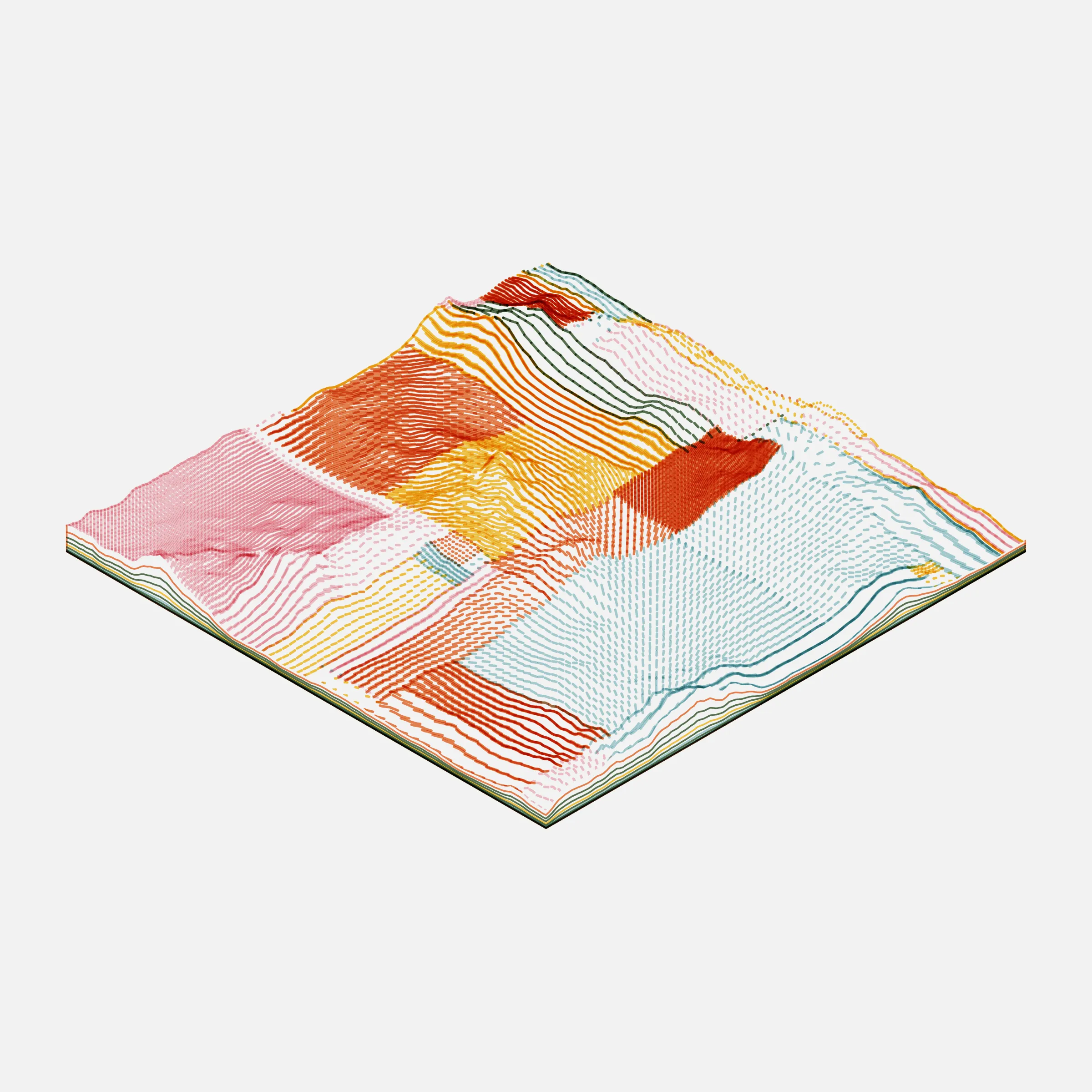 A generative algorithm that draws the impression of a landscape from a multitude of possibilities. The unique seed from each token drives the parametric assortment of lines, colors, and forms into a constructed composition.