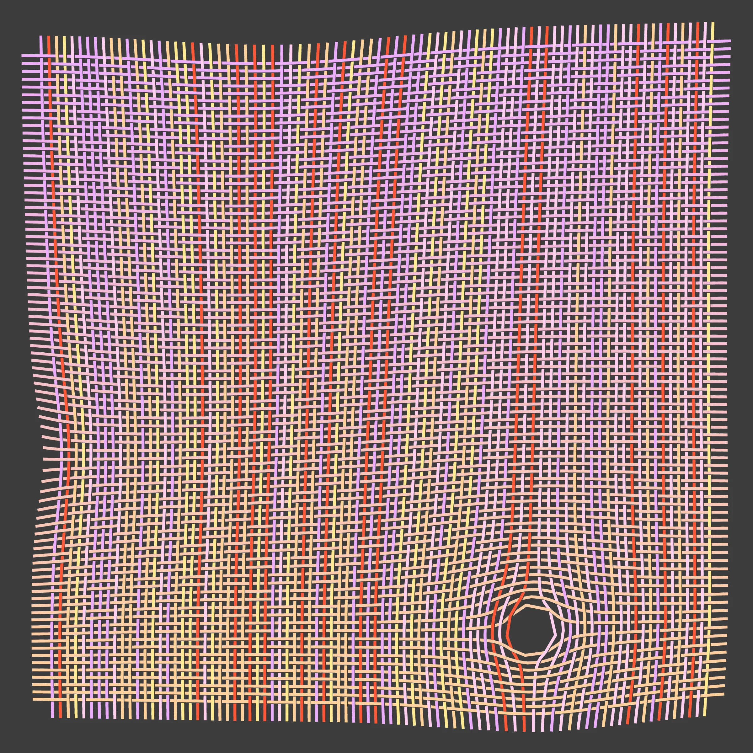 Horizontal and vertical threads weave together guided by a punching card generated at the moment of transaction. Often randomness distorts the orderly woven pattern. Thread colours are picked from a single colour palette. 10% of the sales from this drop will be donated to charity: water to bring clean and safe water to people in need.