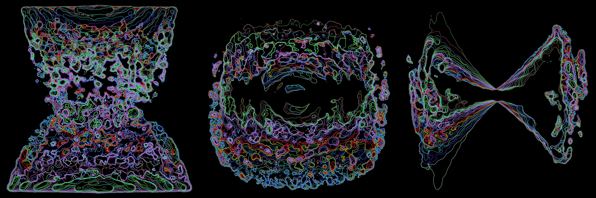 Primordial presents forms as diverse as those found in the natural world. The emergent system powering Primordial is capable of generating this diversity but is hard to control. After the initial generation there is a curation step; forms must meet certain criteria or the algorithm replaces them.

The forms produced by Primordial are presented in a triptych, as comparing multiple outputs is fundamental to understanding a generative algorithm. Primordial attempts to generate triptychs where the individual forms are related, and the results can be surprisingly harmonious or discordant.

Once the triptych is finalized, click on one of the forms to redraw a previous image. Press s to save the entire triptych, or 1-3 to save an individual image.