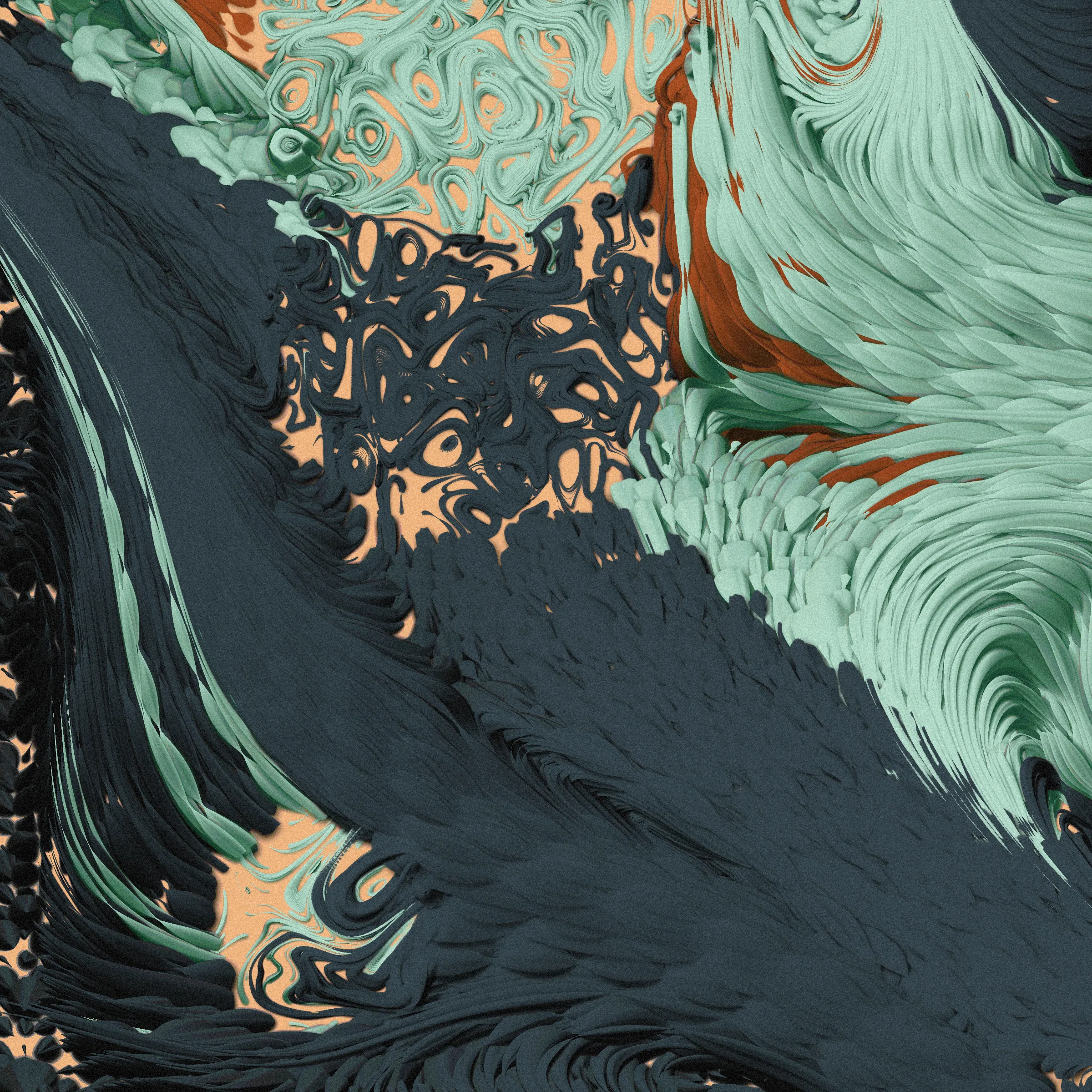 Drifting apart as the little islands that we are, you may ask yourself
_What is bigger - the inner space or the outer?_

This project was inspired by the multitudes we keep within us. The harsh shadows and the combination of pure 2d rendering with a 3d effect mimic feelings of separation from the rest of the world. Their undetermined scale reflects the seemingly unlimited depths of consciousness.

_The Inner World_ starts its rendering from one or more circular cores representing the centers of our personalities. Each of these cores spawns various thoughts and emotions, flowing as tendrils through the scene, making connections among themselves or reaching for the outside. Their movement ranges from straight and orderly to (seemingly) chaotic, sometimes twisting the clean underlying personality center into a completely different shape. Two rendering styles (illustrative and shaded) with palettes ranging from cool, gloomy and serious to cheerful or dramatic reflect the variety of predispositions.

While waiting for the rendering to complete, look at the focus animation highlighting the circular cores of your piece. You're invited to spend this time pondering how everything you know, everything you have or will ever experience, and even the most majestic sights from stars to microbes fit into the space between your ears.