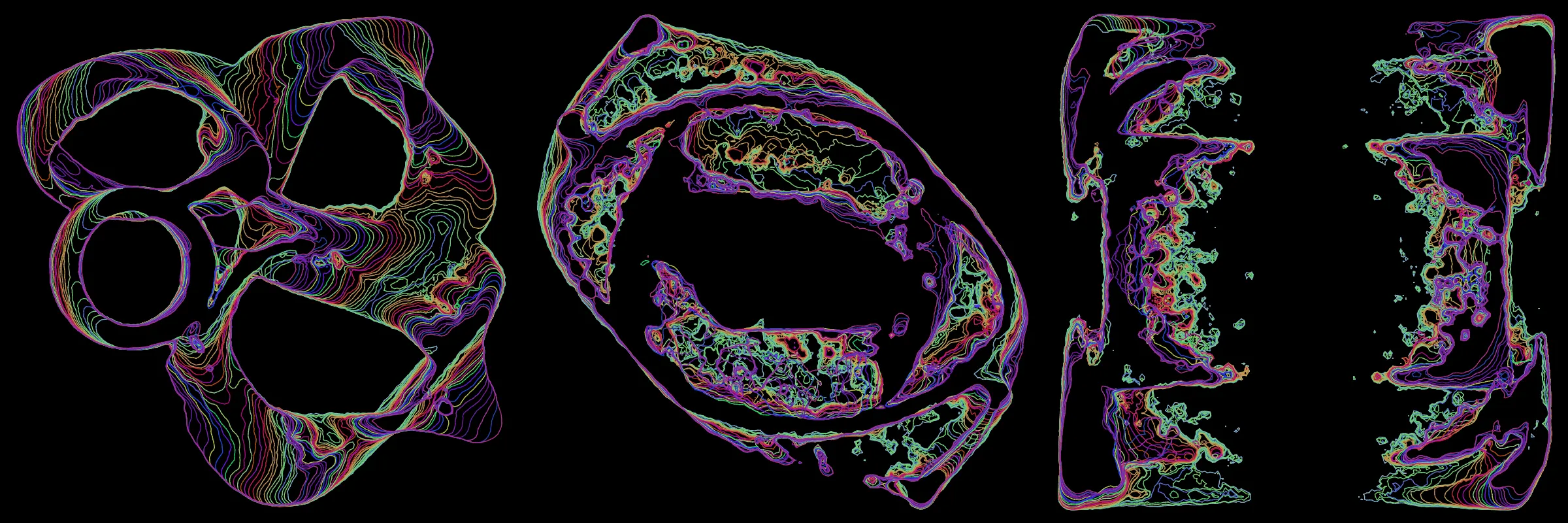 Primordial presents forms as diverse as those found in the natural world. The emergent system powering Primordial is capable of generating this diversity but is hard to control. After the initial generation there is a curation step; forms must meet certain criteria or the algorithm replaces them.

The forms produced by Primordial are presented in a triptych, as comparing multiple outputs is fundamental to understanding a generative algorithm. Primordial attempts to generate triptychs where the individual forms are related, and the results can be surprisingly harmonious or discordant.

Once the triptych is finalized, click on one of the forms to redraw a previous image. Press s to save the entire triptych, or 1-3 to save an individual image.