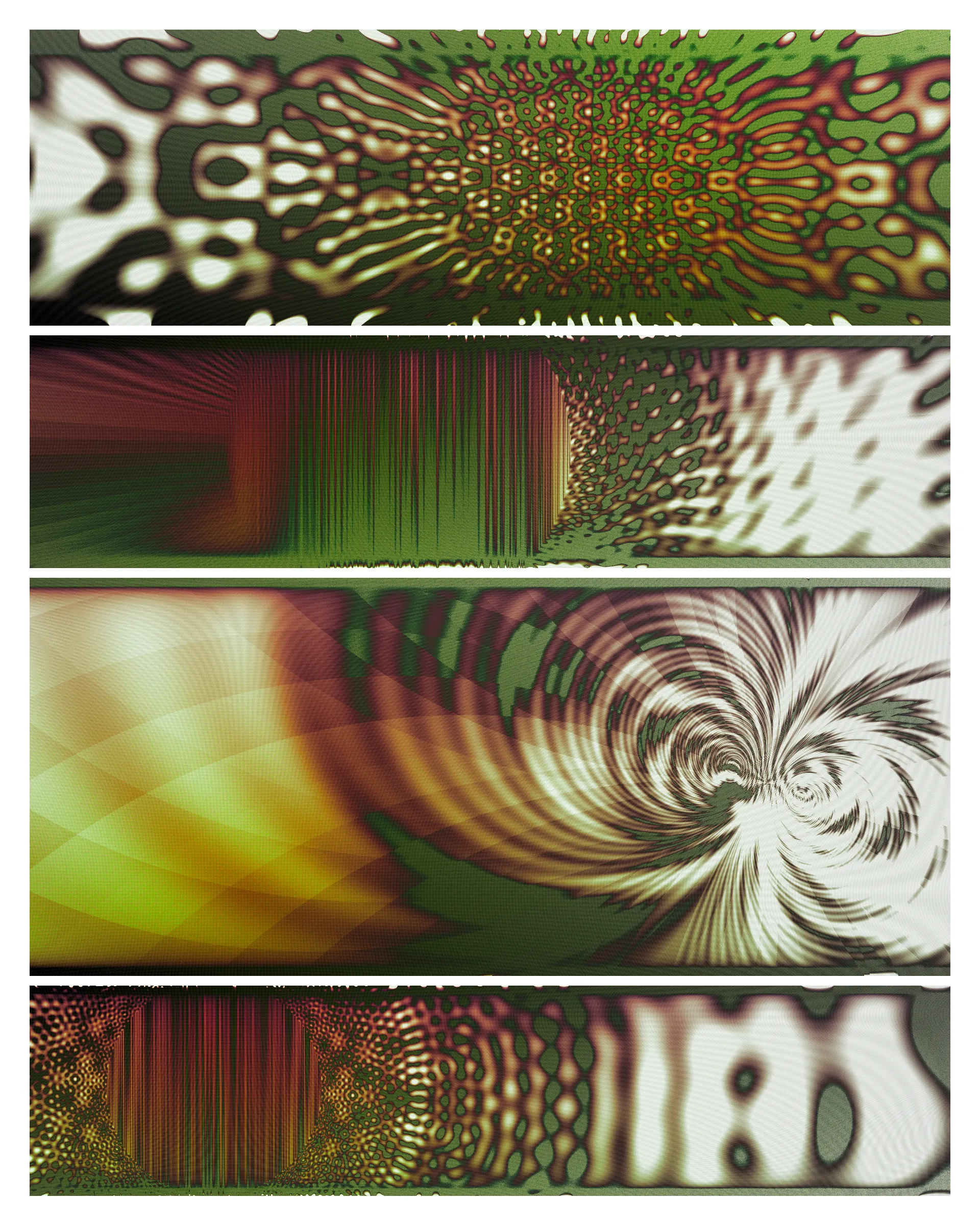 A photon is a particle representing a quantum of light. Because it travels at the speed-of-light, time and space as we understand it do not exist for this elementary particle. The Big Bang was less than an instant ago for the photon and yet it has already traversed the cosmos. Time and space to it is what? It's hard to say. The word non-dual comes to mind.

Some components in Photon’s Dream look like images from an electron microscope. Other parts have a more cosmic or planetary vista. Juxtaposing both creates tension and intrigue where the boundary between fine texture and grand architecture becomes blurred.

The expression ‘One in all: all in one’ is somehow embodied in the wavefield primitives used to make this art. Art that aspires to create both holistic simplicity and the mystery of deep complexity. The quasicrystal and hyperbolic geometry employed here are subjects to the artist that express what is beyond macro and micro, internal and external and ultimately self and other.