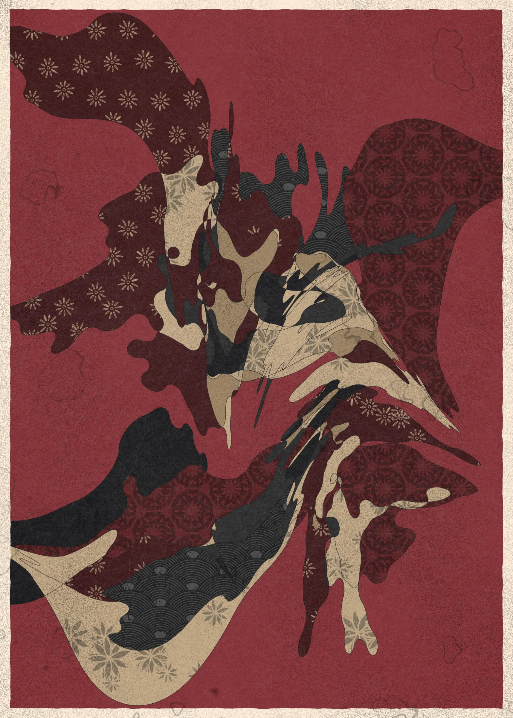 Memories of Qilin is inspired by traditional East Asian art. It channels the sense of movement and fluidity found in classical Chinese brushwork, while drawing from the colors, patterns, and forms of ukiyo-e woodblock prints. 

The series explores elements of folklore, evoking the mythological imagery of dragons, phoenixes, flowers, and mountains.  The title references a fabled chimerical beast found throughout East Asian mythology (while the qilin is its Chinese name, it is also known in Korea as the girin and Japan as the kirin) that represents prosperity and luck.

Viewers are invited to interpret elusive forms that verge on representation. As with the stories passed on through generations, each piece is imagined, organic, and ever-in-flux.