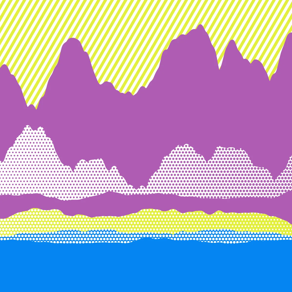 An ode to Roy Lichtenstein, incorporating his iconic version of Ben-Day dots, halftone dots, angled stripes, and solid color patches. Inspired by Roy's sea and landscape paintings, each artwork generates a unique combination of patterns, shapes, and colors.