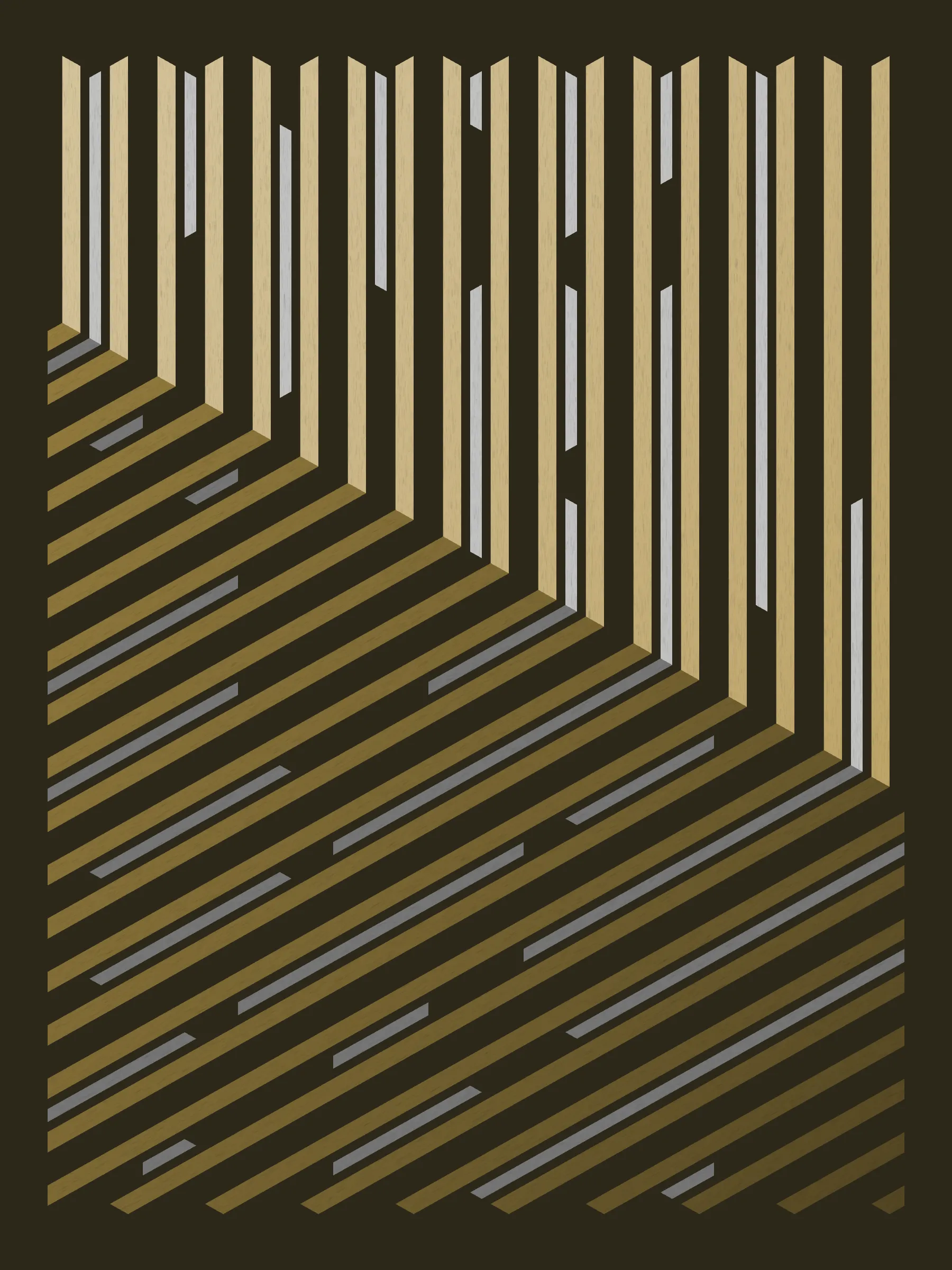 Lines are bent and shaded. There are no wrong turns. 

[Interaction in live view: press 1-7 or left/right arrow keys to see the stages of sketch construction: 1-grid, 2-divide, 3-tile, 4-bend, 5-shade, 6-color, 7-texture].