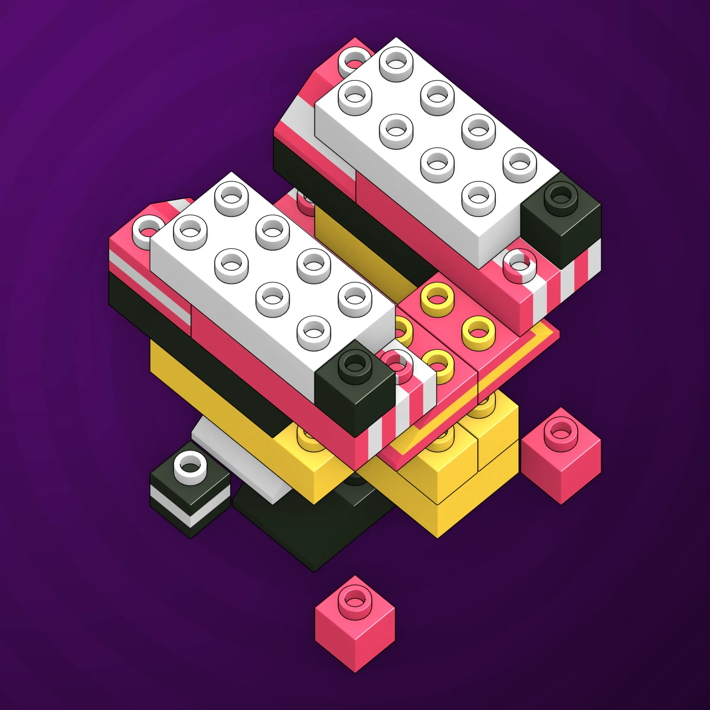The project focuses on how easily one assigns meaning to seemingly random combinations of blocks, giving them personality and creating emotional connections.

I was inspired by Ringers, in which people see animals and other characters. I wanted to amplify this quality, and the idea of sculptures made of blocks clicked! Endless combinations, funny characters, and my passion for cubes, voxels, and modular systems.

To make the sculptures, I used technique of hybrid voxel raymarching, so we can say, the sculptures are made of colored void in a reflected space. Some of them may seem impossible due to the lack of perspective, but sooner or later it all clicks! It helps to keep in mind that all shapes are symmetrical.

The script uses modern features of GPU so it's supposed to work only on desktop: Chrome, Firefox or Safari