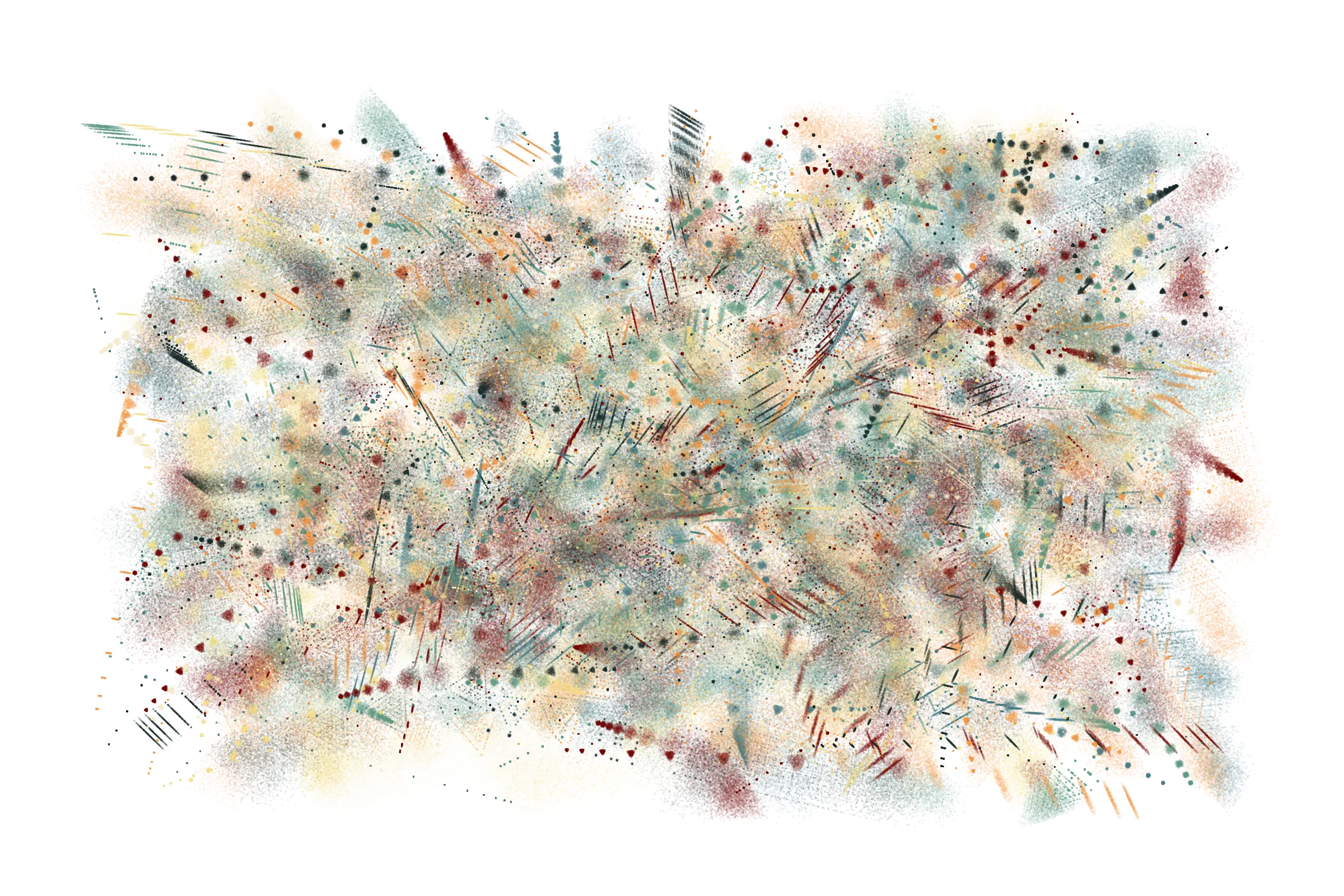"Attraction" is a system that draws single pixels, one by one, according to a set of rules inspired by the 'Chaos Game'.
Additionally, trigonometric functions may be used to displace pixels, resulting in wave patterns.

All unique properties of each artwork are defined by the token's hash. This hash will set all the parameters: the color palette, the positioning of objects and the rules by which pixels are drawn.

By the nature of this system, several well known patterns from computing and math may appear in the artworks.