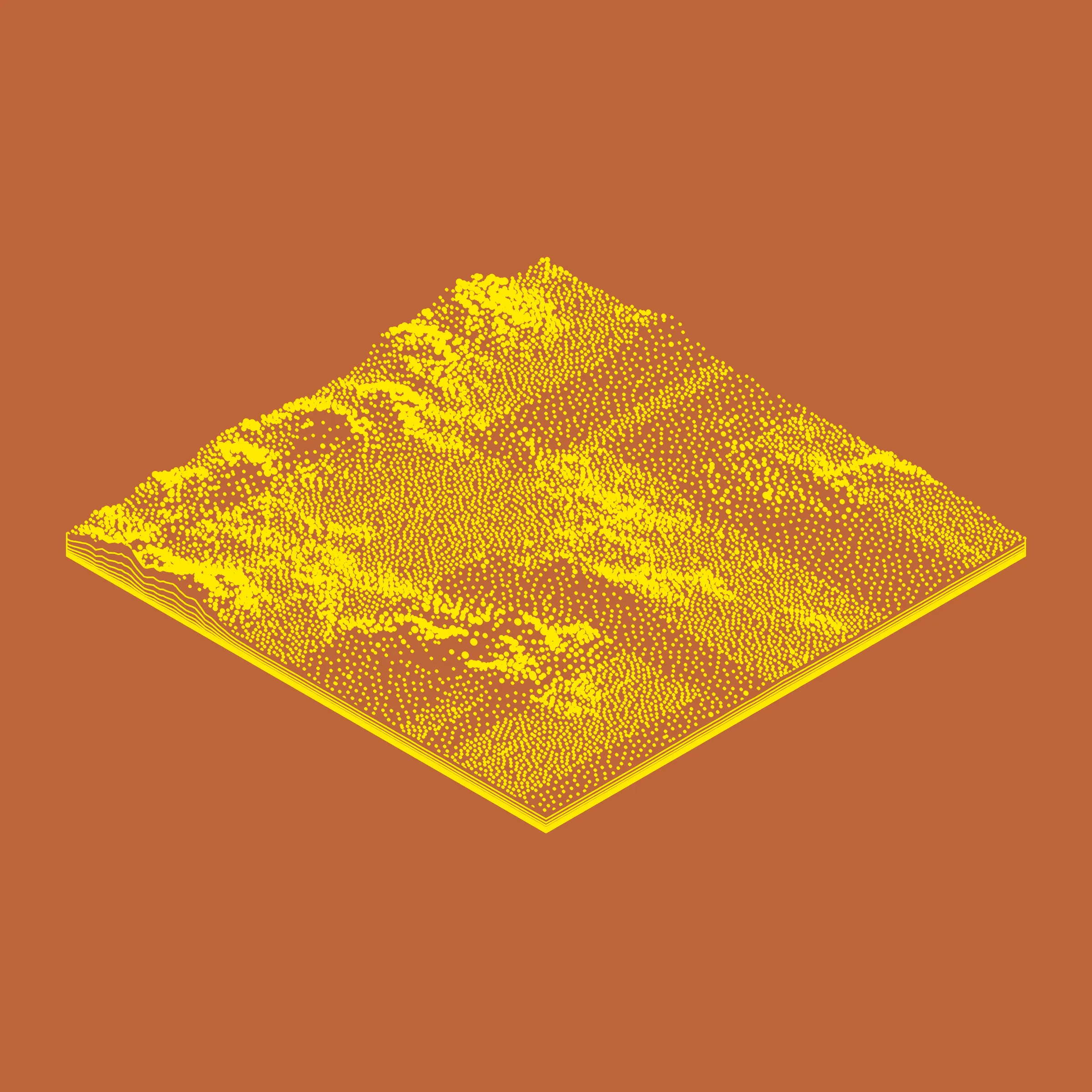 A generative algorithm that draws the impression of a landscape from a multitude of possibilities. The unique seed from each token drives the parametric assortment of lines, colors, and forms into a constructed composition.