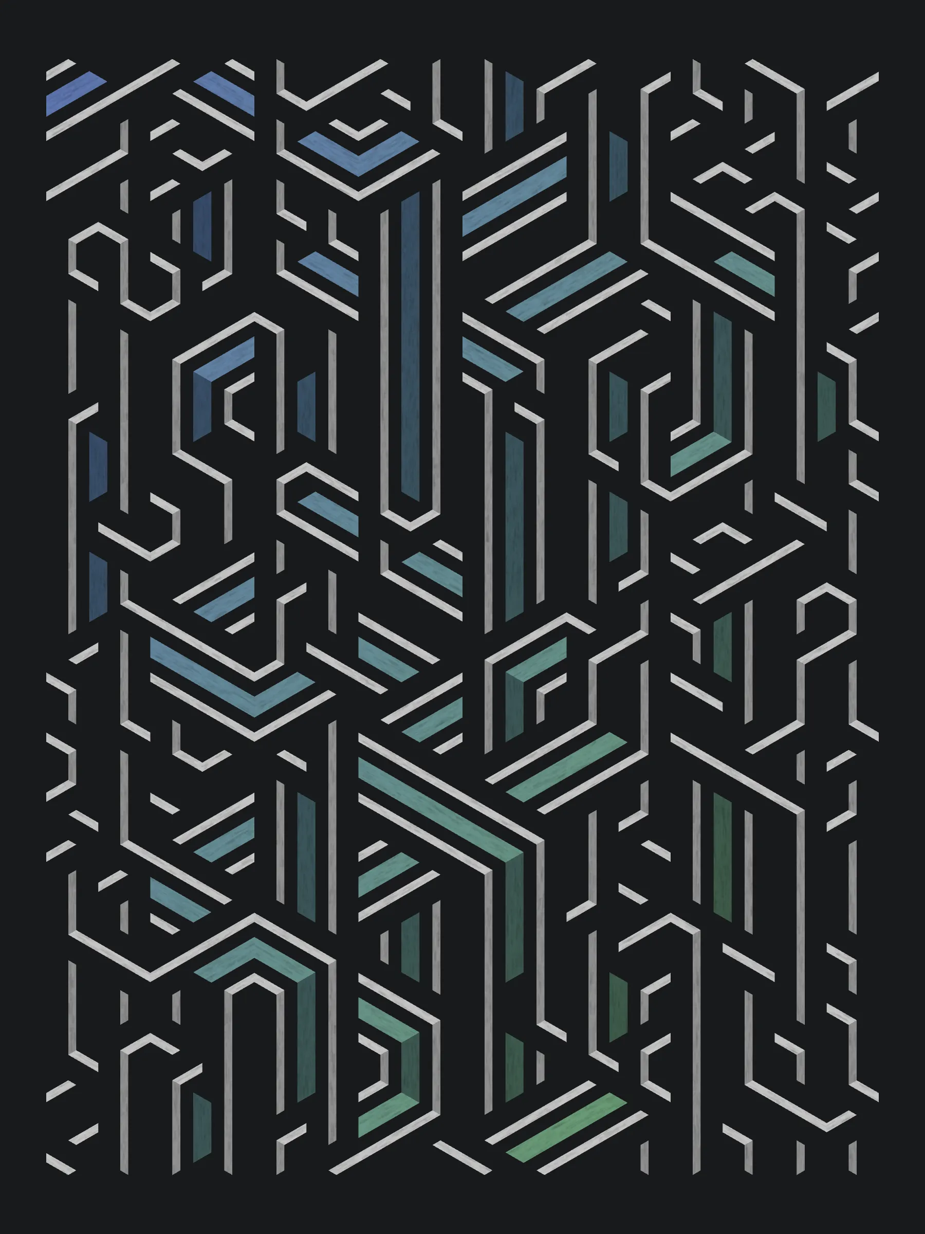 Lines are bent and shaded. There are no wrong turns. 

[Interaction in live view: press 1-7 or left/right arrow keys to see the stages of sketch construction: 1-grid, 2-divide, 3-tile, 4-bend, 5-shade, 6-color, 7-texture].