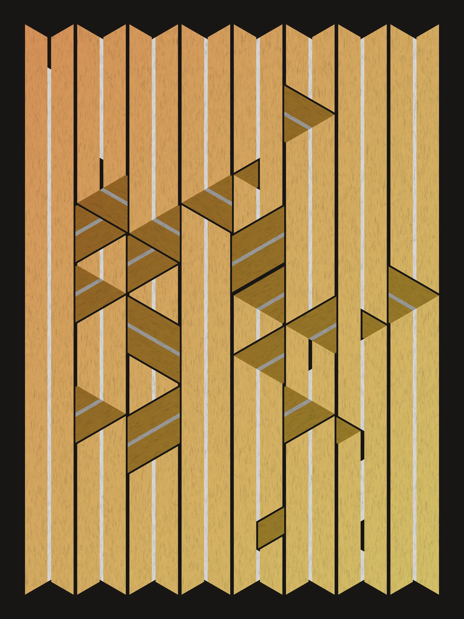 Lines are bent and shaded. There are no wrong turns. 

[Interaction in live view: press 1-7 or left/right arrow keys to see the stages of sketch construction: 1-grid, 2-divide, 3-tile, 4-bend, 5-shade, 6-color, 7-texture].