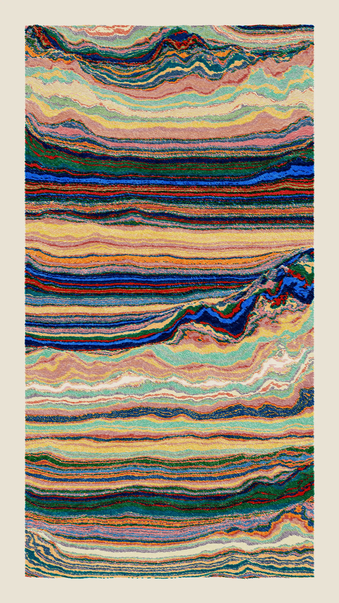 Stratified landforms constructed from many small strokes of colour. The hash of each token describes a coordinate within a multidimensional generative space, locating a unique composition that lies along one of many possible longitudes.