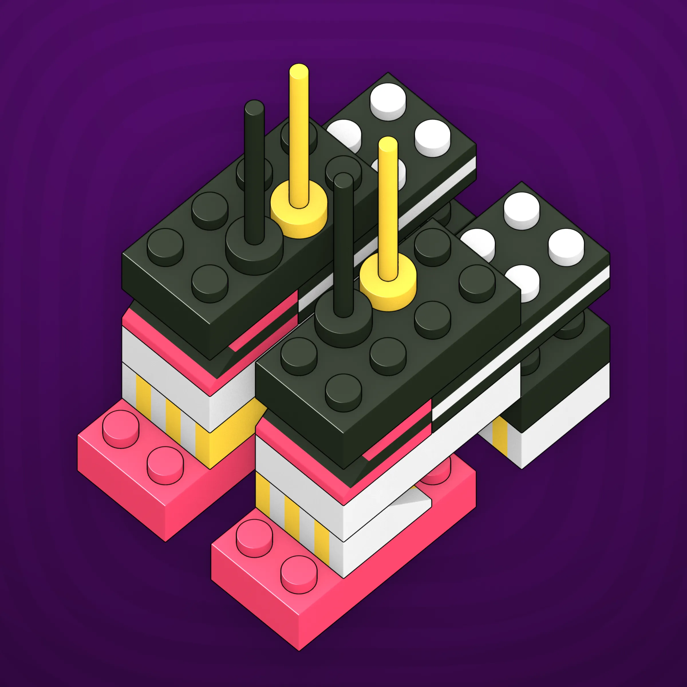 The project focuses on how easily one assigns meaning to seemingly random combinations of blocks, giving them personality and creating emotional connections.

I was inspired by Ringers, in which people see animals and other characters. I wanted to amplify this quality, and the idea of sculptures made of blocks clicked! Endless combinations, funny characters, and my passion for cubes, voxels, and modular systems.

To make the sculptures, I used technique of hybrid voxel raymarching, so we can say, the sculptures are made of colored void in a reflected space. Some of them may seem impossible due to the lack of perspective, but sooner or later it all clicks! It helps to keep in mind that all shapes are symmetrical.

The script uses modern features of GPU so it's supposed to work only on desktop: Chrome, Firefox or Safari