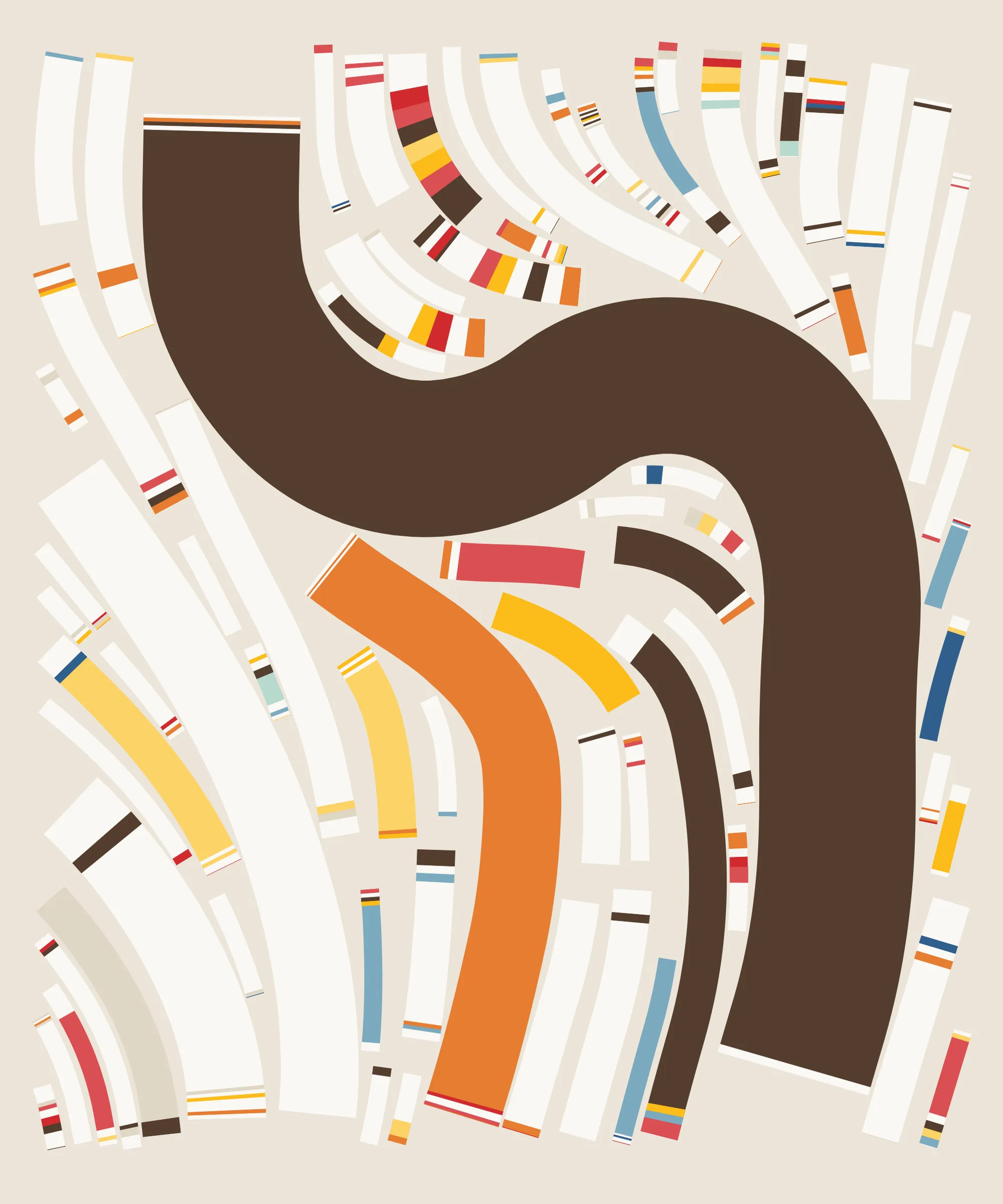 Fidenza is by far my most versatile algorithm to date. Although the program stays focused on structured curves and blocks, the varieties of scale, organization, texture, and color usage it can employ create a wide array of generative possibilities.