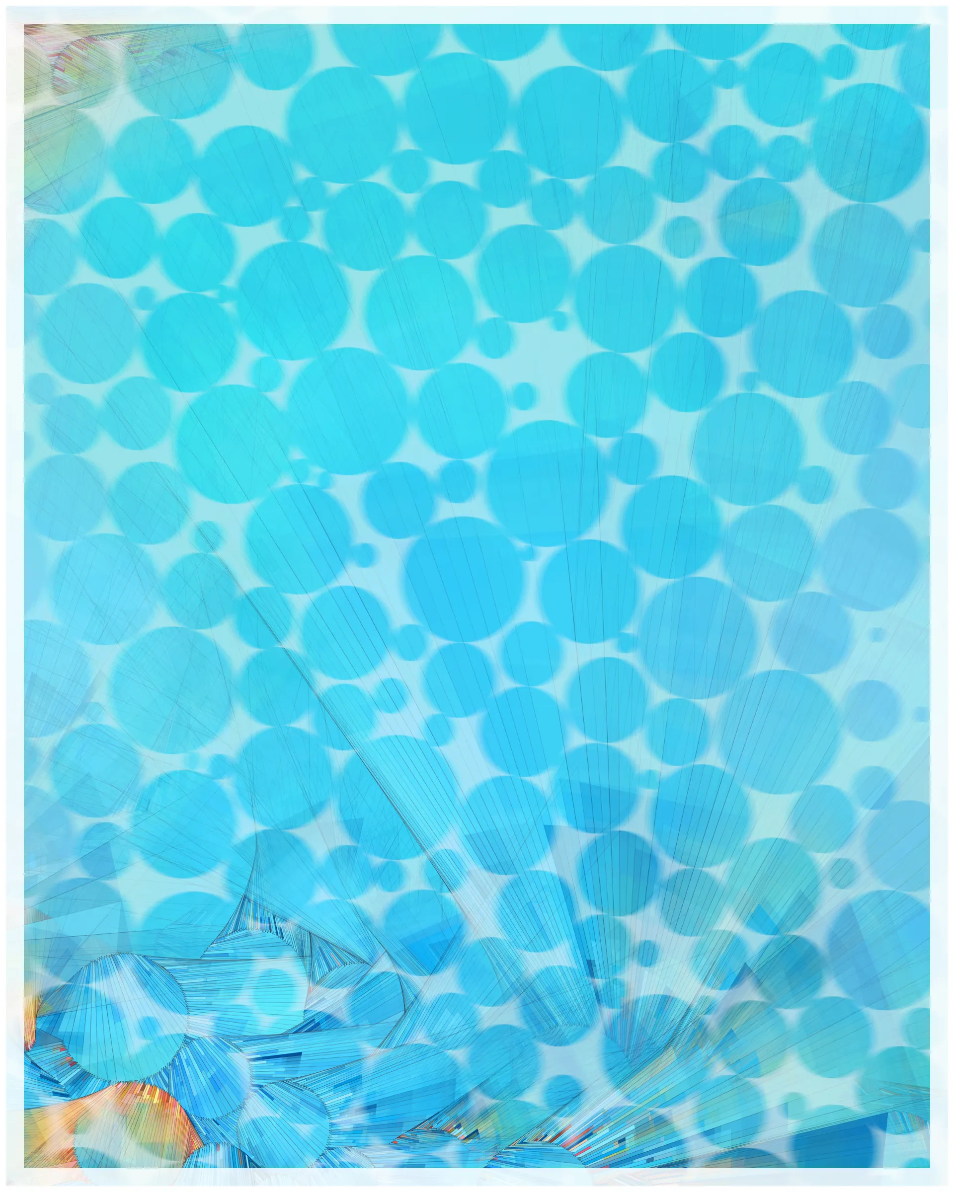 _There are no artifacts. There are only interpretations._

Glass is about the illusion of simplicity that cocoons us in our everyday existence. A glance at Glass may suggest a foam of bubbles or pebbles under clear water. But on inspection, these simple pictures dissolve. Instead of disks one finds stacked panes of translucent glass, intersecting and overlapping. There is dissonance between fine-scale chaos and the harmony of the aggregate. In Glass, two levels of reality -- panes of glass and the foam of bubbles -- are brought close together in scale, so that our oversimplified impression yields a palpable disquiet.

What appears simple is often anything but. Consider a standard wooden desk. To our eyes, it looks solid and continuous, but we know that it is made of atoms, tiny electrons orbiting nuclei. And these subatomic particles are themselves not like miniature solar systems, but creatures of quantum mechanics, stranger than we can imagine. The vast difference in scale between the atomic and the macroscopic hides this complex reality, but fundamentally it is the same phenomenon shown here.

Glass continues my exploration of emergence. While in previous work I explored how simple systems can create complex, emergent forms, here the interest is in the converse: how coherence is often deceptive, masking a complex underlying reality.

Glass draws on the aesthetic of Shin Hanga artists Hiroshi Yoshida and Kawase Hasui, and abstract expressionist Sonja Sekula. In live view, Glass has ambient motion: the shadows evolve, imperceptibly slowly.

The following variations & controls are possible. You may need to click on the canvas before they are active. For a high-resolution output, use the pixel density controls. For example, on a standard laptop, an image saved at pixel density 5 will be approximately 3200 x 4000 pixels, and therefore suitable for printing at ~ 11" x 13" at 300 dpi.

Variations (require redrawing):

f -- fit-to-screen on/off
o -- outline on/off

Controls:

s   -- save as png
spacebar  -- pause/unpause ( useful to reduce CPU load in Live mode )
b -- border on/off ( useful for printing )
1-9  -- set pixel density (default=2 on retina displays)
+/-  -- increase/decrease pixel density