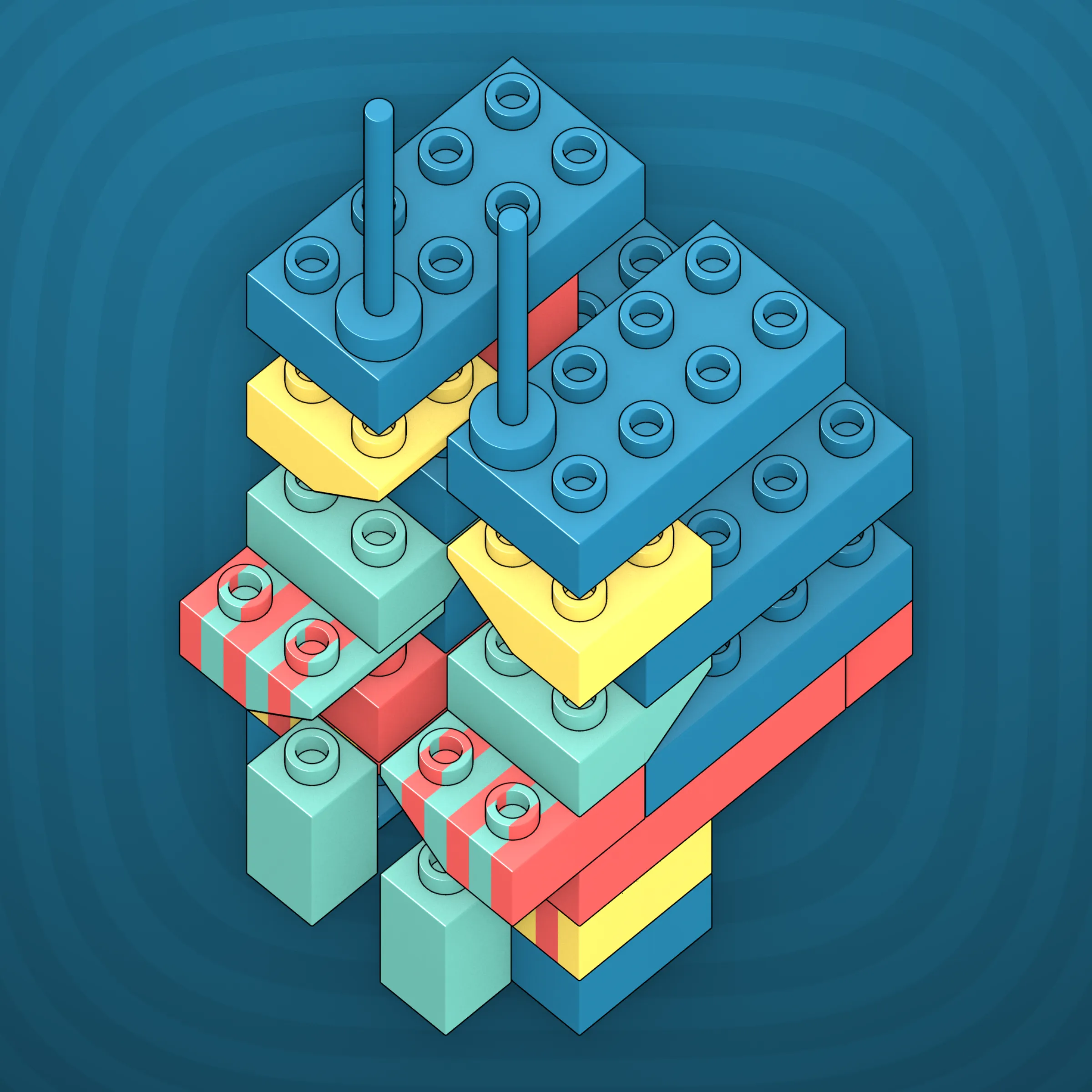 The project focuses on how easily one assigns meaning to seemingly random combinations of blocks, giving them personality and creating emotional connections.

I was inspired by Ringers, in which people see animals and other characters. I wanted to amplify this quality, and the idea of sculptures made of blocks clicked! Endless combinations, funny characters, and my passion for cubes, voxels, and modular systems.

To make the sculptures, I used technique of hybrid voxel raymarching, so we can say, the sculptures are made of colored void in a reflected space. Some of them may seem impossible due to the lack of perspective, but sooner or later it all clicks! It helps to keep in mind that all shapes are symmetrical.

The script uses modern features of GPU so it's supposed to work only on desktop: Chrome, Firefox or Safari