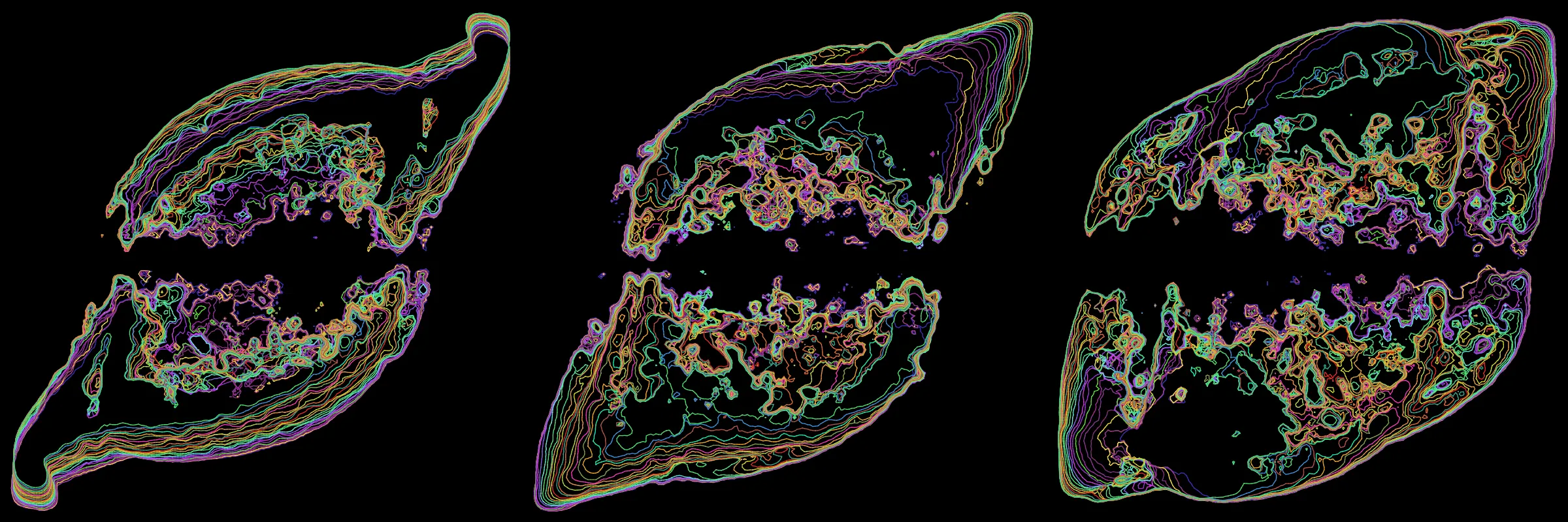 Primordial presents forms as diverse as those found in the natural world. The emergent system powering Primordial is capable of generating this diversity but is hard to control. After the initial generation there is a curation step; forms must meet certain criteria or the algorithm replaces them.

The forms produced by Primordial are presented in a triptych, as comparing multiple outputs is fundamental to understanding a generative algorithm. Primordial attempts to generate triptychs where the individual forms are related, and the results can be surprisingly harmonious or discordant.

Once the triptych is finalized, click on one of the forms to redraw a previous image. Press s to save the entire triptych, or 1-3 to save an individual image.