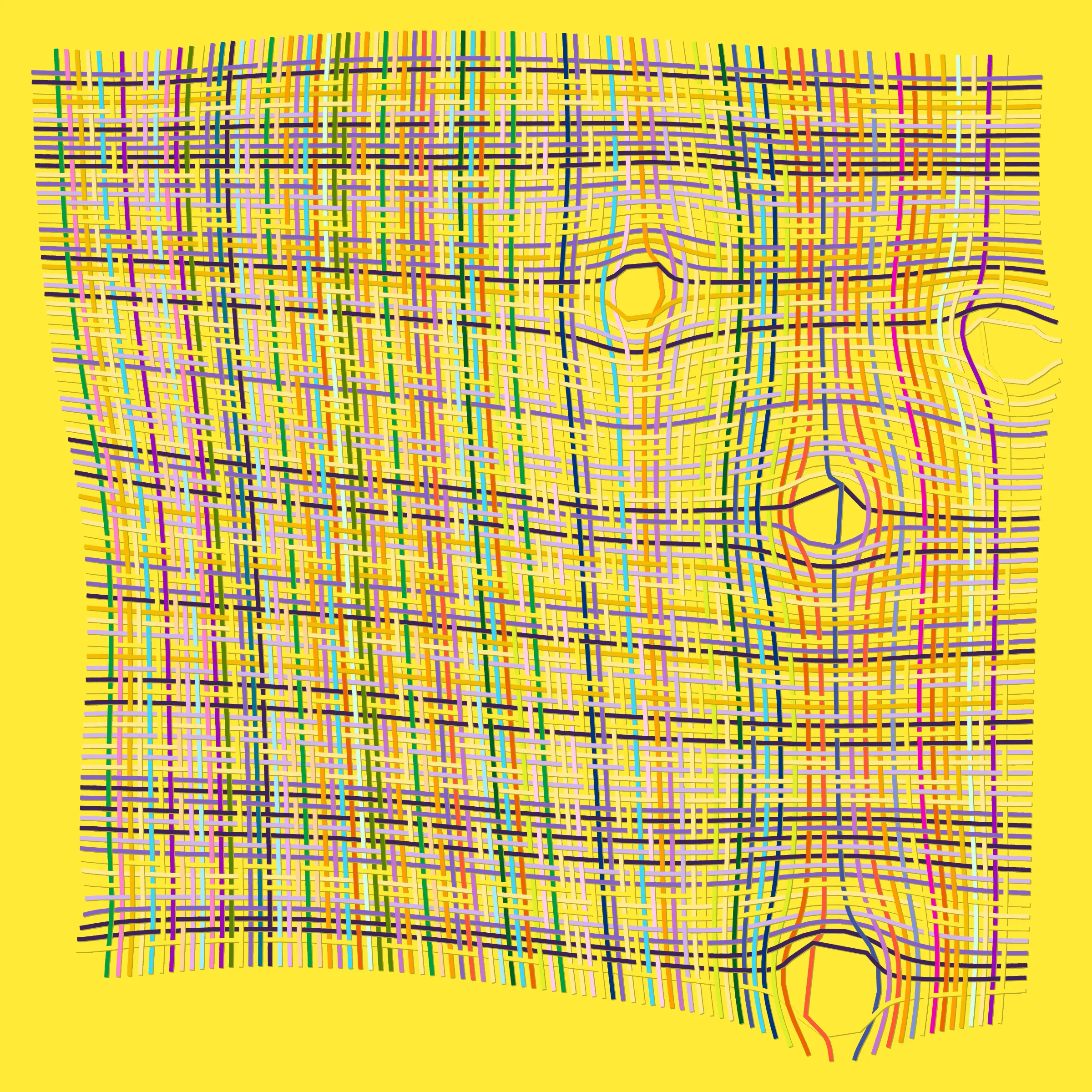 Horizontal and vertical threads weave together guided by a punching card generated at the moment of transaction. Often randomness distorts the orderly woven pattern. Thread colours are picked from a single colour palette. 10% of the sales from this drop will be donated to charity: water to bring clean and safe water to people in need.