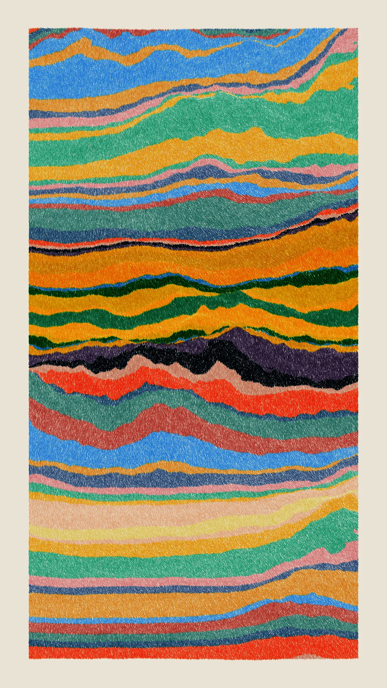 Stratified landforms constructed from many small strokes of colour. The hash of each token describes a coordinate within a multidimensional generative space, locating a unique composition that lies along one of many possible longitudes.