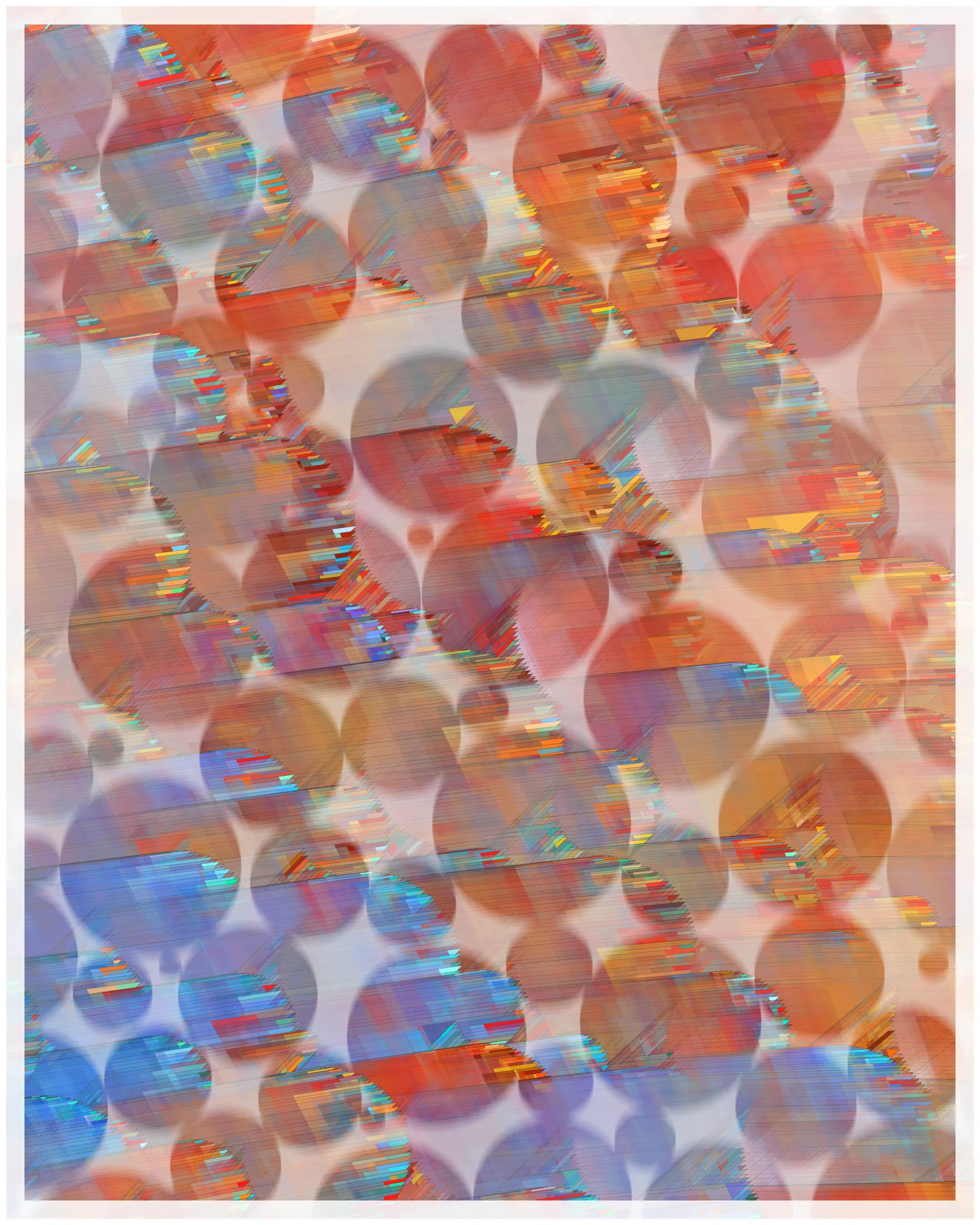 _There are no artifacts. There are only interpretations._

Glass is about the illusion of simplicity that cocoons us in our everyday existence. A glance at Glass may suggest a foam of bubbles or pebbles under clear water. But on inspection, these simple pictures dissolve. Instead of disks one finds stacked panes of translucent glass, intersecting and overlapping. There is dissonance between fine-scale chaos and the harmony of the aggregate. In Glass, two levels of reality -- panes of glass and the foam of bubbles -- are brought close together in scale, so that our oversimplified impression yields a palpable disquiet.

What appears simple is often anything but. Consider a standard wooden desk. To our eyes, it looks solid and continuous, but we know that it is made of atoms, tiny electrons orbiting nuclei. And these subatomic particles are themselves not like miniature solar systems, but creatures of quantum mechanics, stranger than we can imagine. The vast difference in scale between the atomic and the macroscopic hides this complex reality, but fundamentally it is the same phenomenon shown here.

Glass continues my exploration of emergence. While in previous work I explored how simple systems can create complex, emergent forms, here the interest is in the converse: how coherence is often deceptive, masking a complex underlying reality.

Glass draws on the aesthetic of Shin Hanga artists Hiroshi Yoshida and Kawase Hasui, and abstract expressionist Sonja Sekula. In live view, Glass has ambient motion: the shadows evolve, imperceptibly slowly.

The following variations & controls are possible. You may need to click on the canvas before they are active. For a high-resolution output, use the pixel density controls. For example, on a standard laptop, an image saved at pixel density 5 will be approximately 3200 x 4000 pixels, and therefore suitable for printing at ~ 11" x 13" at 300 dpi.

Variations (require redrawing):

f -- fit-to-screen on/off
o -- outline on/off

Controls:

s   -- save as png
spacebar  -- pause/unpause ( useful to reduce CPU load in Live mode )
b -- border on/off ( useful for printing )
1-9  -- set pixel density (default=2 on retina displays)
+/-  -- increase/decrease pixel density