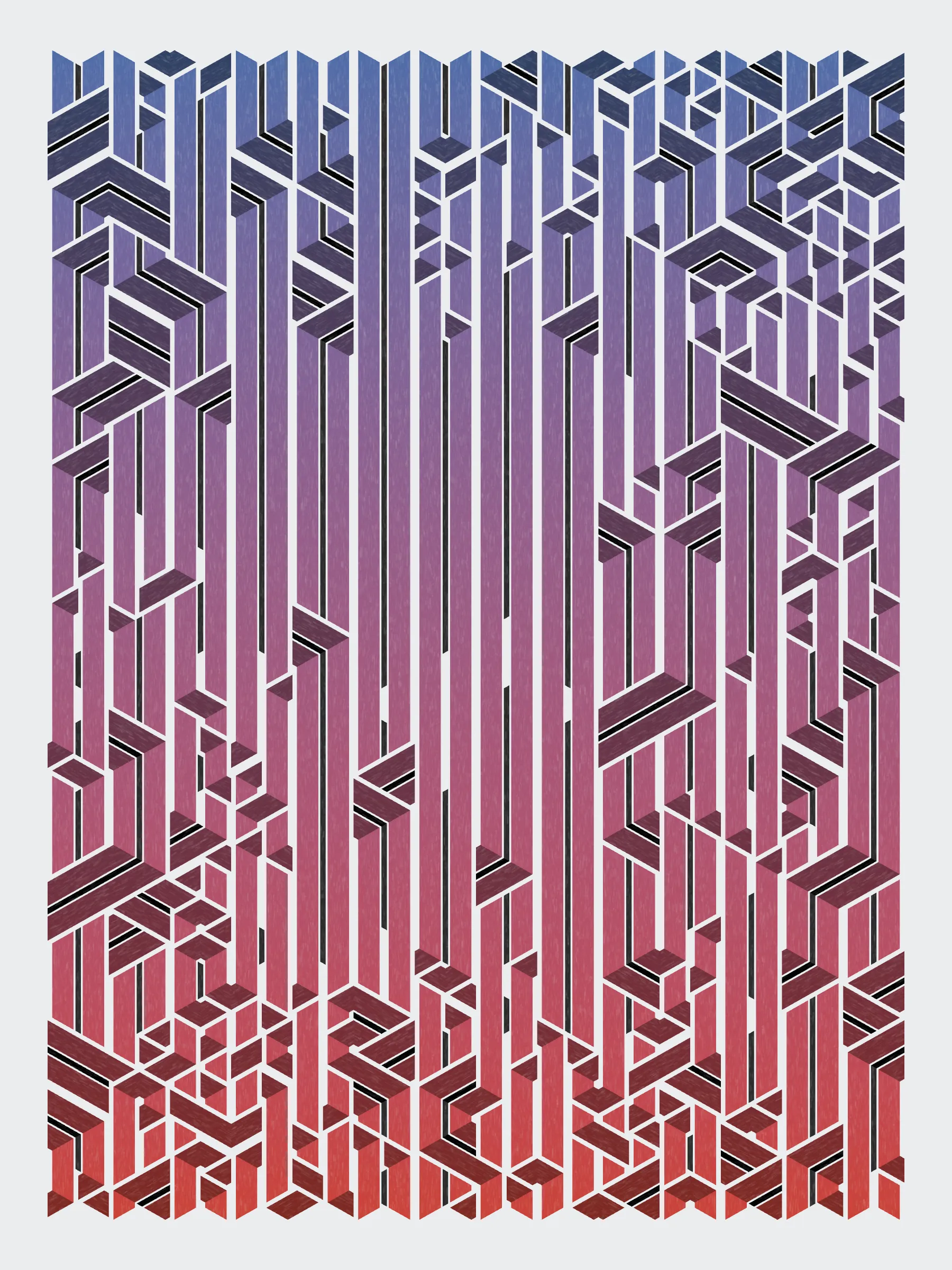 Lines are bent and shaded. There are no wrong turns. 

[Interaction in live view: press 1-7 or left/right arrow keys to see the stages of sketch construction: 1-grid, 2-divide, 3-tile, 4-bend, 5-shade, 6-color, 7-texture].