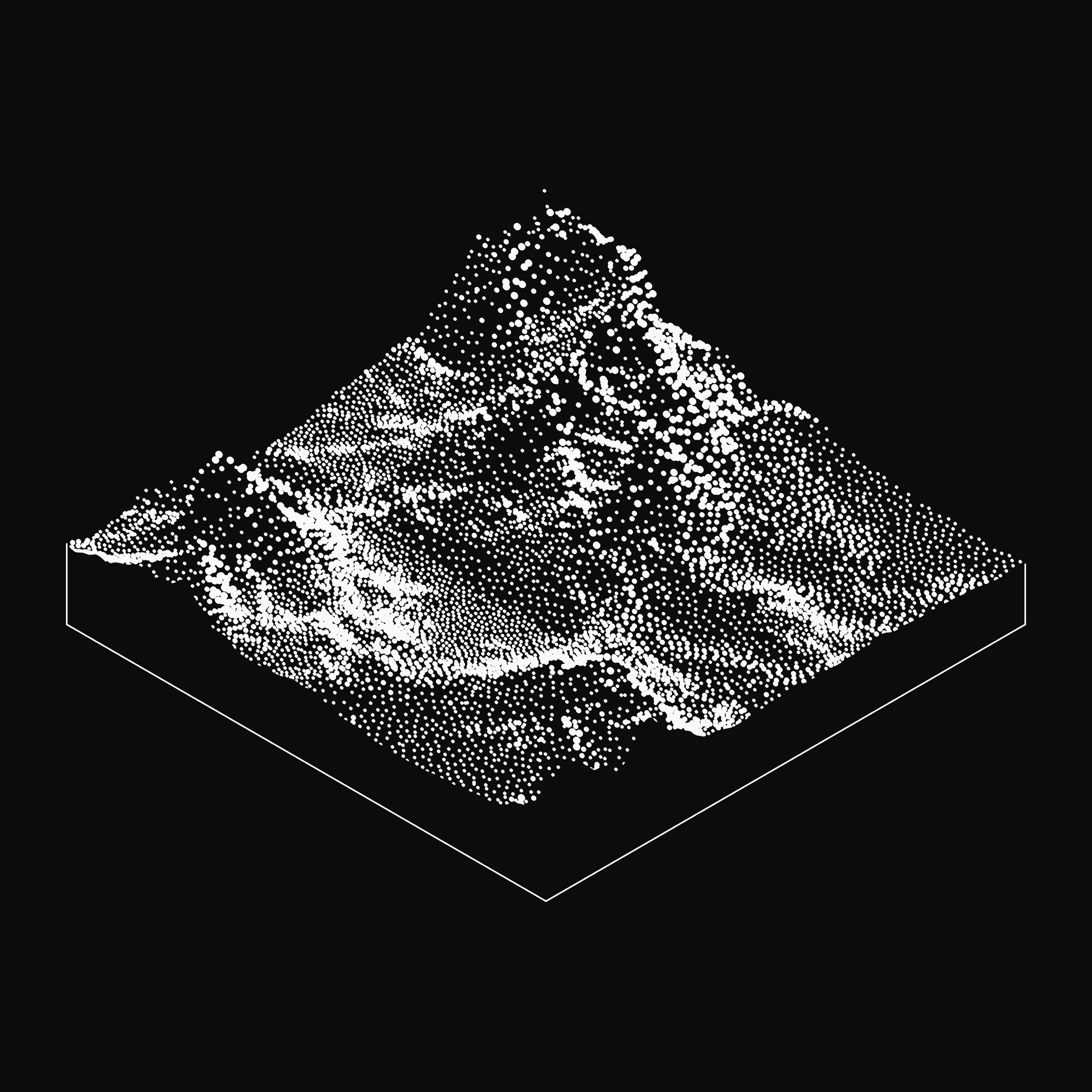 A generative algorithm that draws the impression of a landscape from a multitude of possibilities. The unique seed from each token drives the parametric assortment of lines, colors, and forms into a constructed composition.