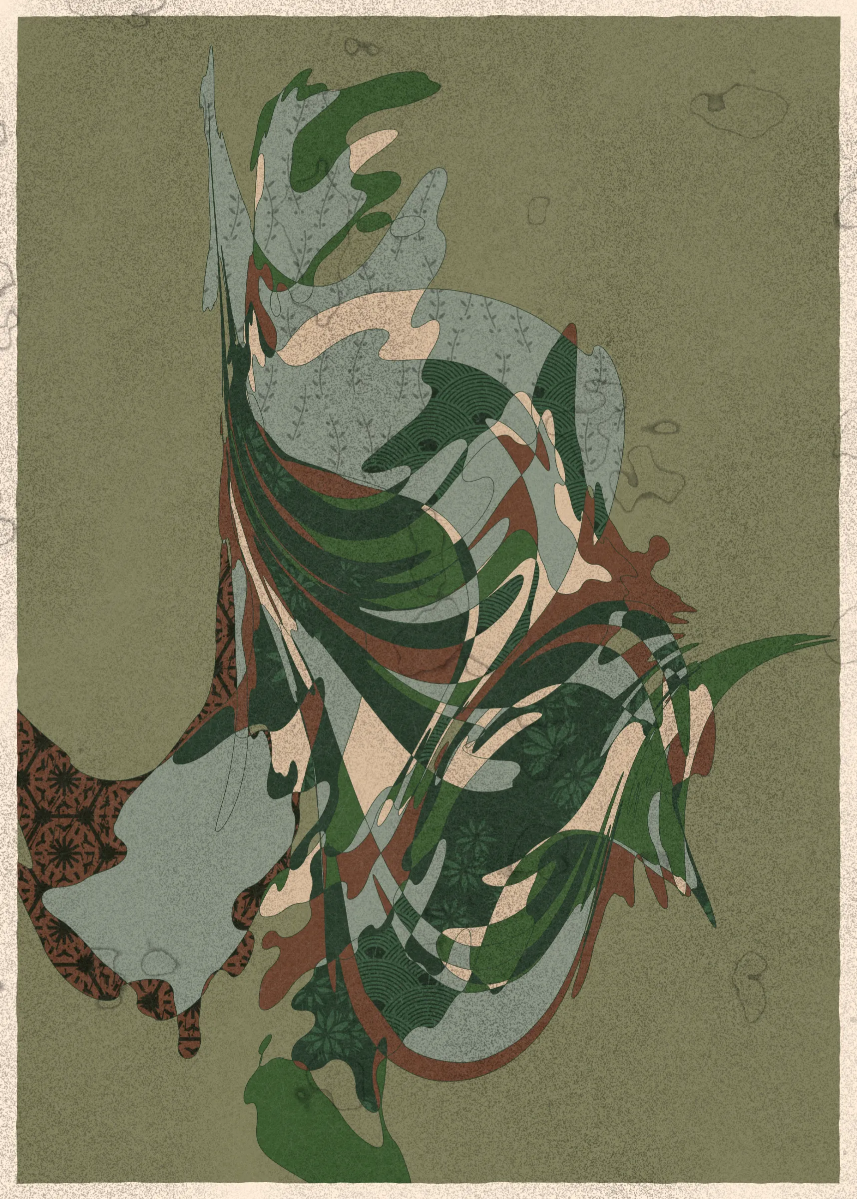 Memories of Qilin is inspired by traditional East Asian art. It channels the sense of movement and fluidity found in classical Chinese brushwork, while drawing from the colors, patterns, and forms of ukiyo-e woodblock prints. 

The series explores elements of folklore, evoking the mythological imagery of dragons, phoenixes, flowers, and mountains.  The title references a fabled chimerical beast found throughout East Asian mythology (while the qilin is its Chinese name, it is also known in Korea as the girin and Japan as the kirin) that represents prosperity and luck.

Viewers are invited to interpret elusive forms that verge on representation. As with the stories passed on through generations, each piece is imagined, organic, and ever-in-flux.