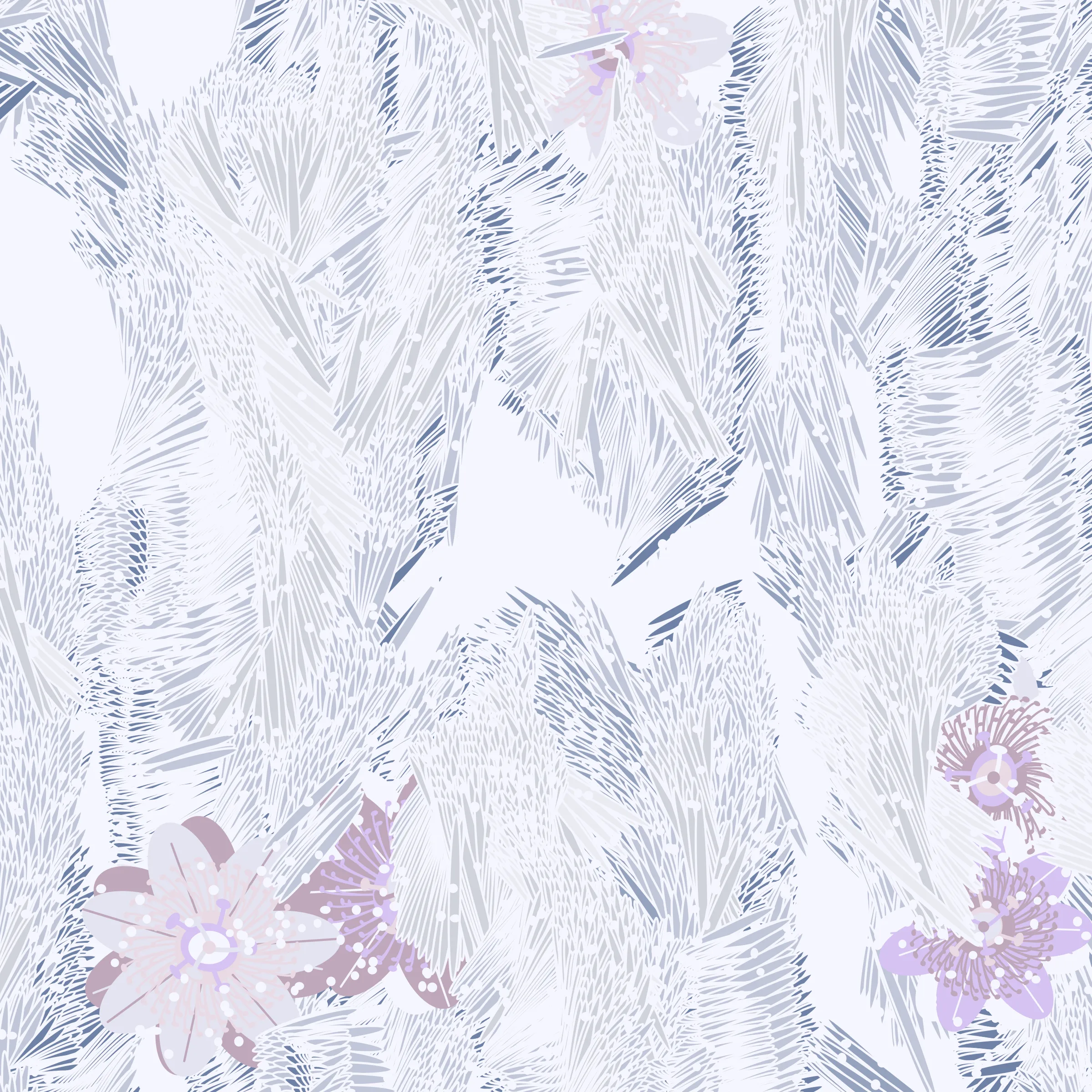 “Fragments of an infinite field” is a compositional system in which an idealized plant species is generated and arranged in a potentially infinite field of foliage. The main environmental parameter of the composition is the determination of a season of the year. The season determines the landscape’s colors and defines specific phenomena for each of them, such as rain in summer, snow in winter, petals falling in autumn, and pollen in spring. The flower has several possible variables, which can be macro aspects, affecting the entire population of the species, or micro, affecting each individual of the species differently. For example, the number of petals can be equal in all individuals or not. The number of filaments and other structures of the flower can undergo minor deviations, generating small mutations. The confusion between the figure (plant) and the background (earth, sky, other natural elements) is fascinating from a compositional point of view. The background colors are, most of the time, colors present in the figures, often breaking the boundary between them and, therefore, generating chromatic masses. In this project I also intend to research the following question: How to create parameters that resemble a living organism's growth? In this sense, the project approaches digital morphogenesis and the development of procedural organisms.