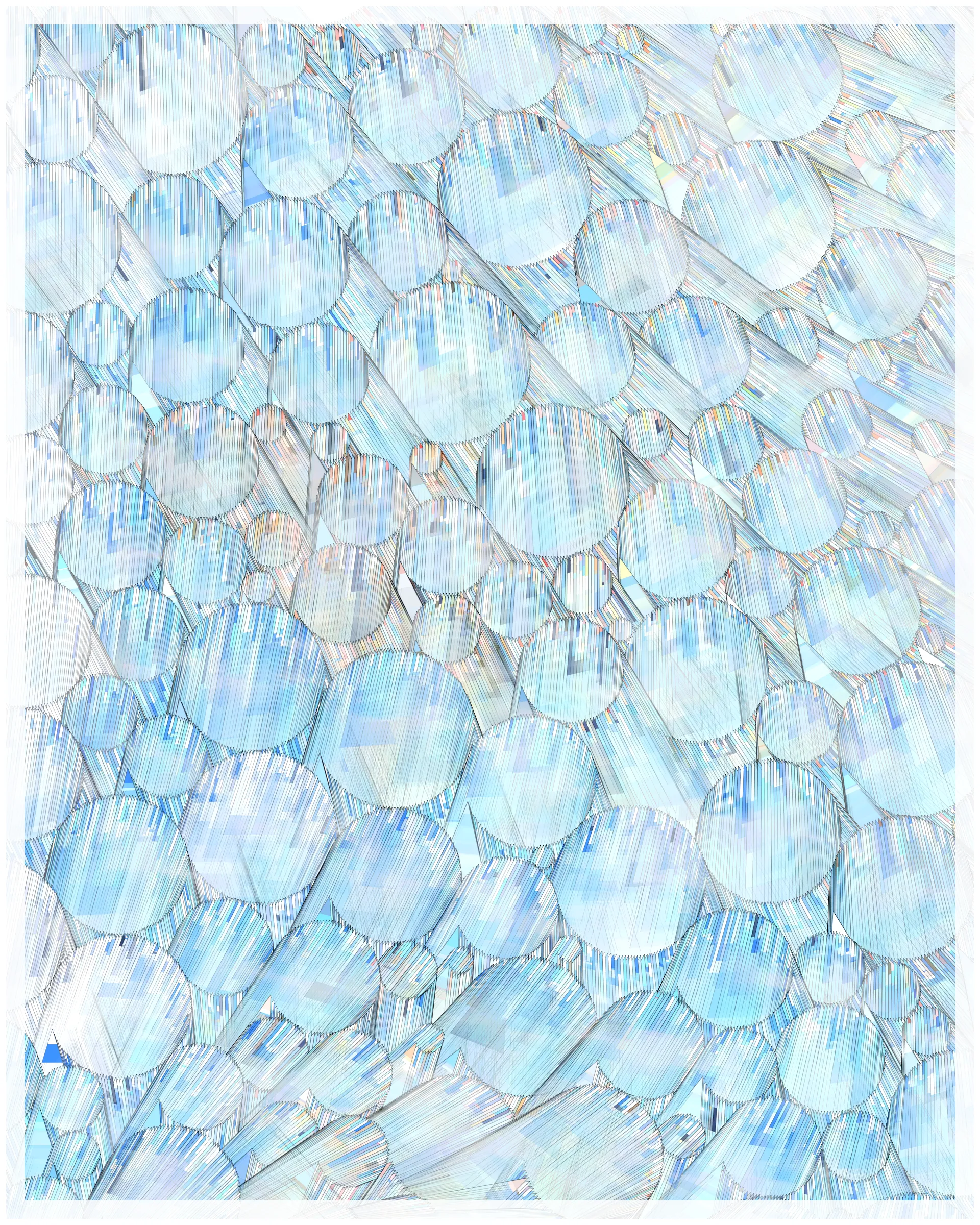 _There are no artifacts. There are only interpretations._

Glass is about the illusion of simplicity that cocoons us in our everyday existence. A glance at Glass may suggest a foam of bubbles or pebbles under clear water. But on inspection, these simple pictures dissolve. Instead of disks one finds stacked panes of translucent glass, intersecting and overlapping. There is dissonance between fine-scale chaos and the harmony of the aggregate. In Glass, two levels of reality -- panes of glass and the foam of bubbles -- are brought close together in scale, so that our oversimplified impression yields a palpable disquiet.

What appears simple is often anything but. Consider a standard wooden desk. To our eyes, it looks solid and continuous, but we know that it is made of atoms, tiny electrons orbiting nuclei. And these subatomic particles are themselves not like miniature solar systems, but creatures of quantum mechanics, stranger than we can imagine. The vast difference in scale between the atomic and the macroscopic hides this complex reality, but fundamentally it is the same phenomenon shown here.

Glass continues my exploration of emergence. While in previous work I explored how simple systems can create complex, emergent forms, here the interest is in the converse: how coherence is often deceptive, masking a complex underlying reality.

Glass draws on the aesthetic of Shin Hanga artists Hiroshi Yoshida and Kawase Hasui, and abstract expressionist Sonja Sekula. In live view, Glass has ambient motion: the shadows evolve, imperceptibly slowly.

The following variations & controls are possible. You may need to click on the canvas before they are active. For a high-resolution output, use the pixel density controls. For example, on a standard laptop, an image saved at pixel density 5 will be approximately 3200 x 4000 pixels, and therefore suitable for printing at ~ 11" x 13" at 300 dpi.

Variations (require redrawing):

f -- fit-to-screen on/off
o -- outline on/off

Controls:

s   -- save as png
spacebar  -- pause/unpause ( useful to reduce CPU load in Live mode )
b -- border on/off ( useful for printing )
1-9  -- set pixel density (default=2 on retina displays)
+/-  -- increase/decrease pixel density