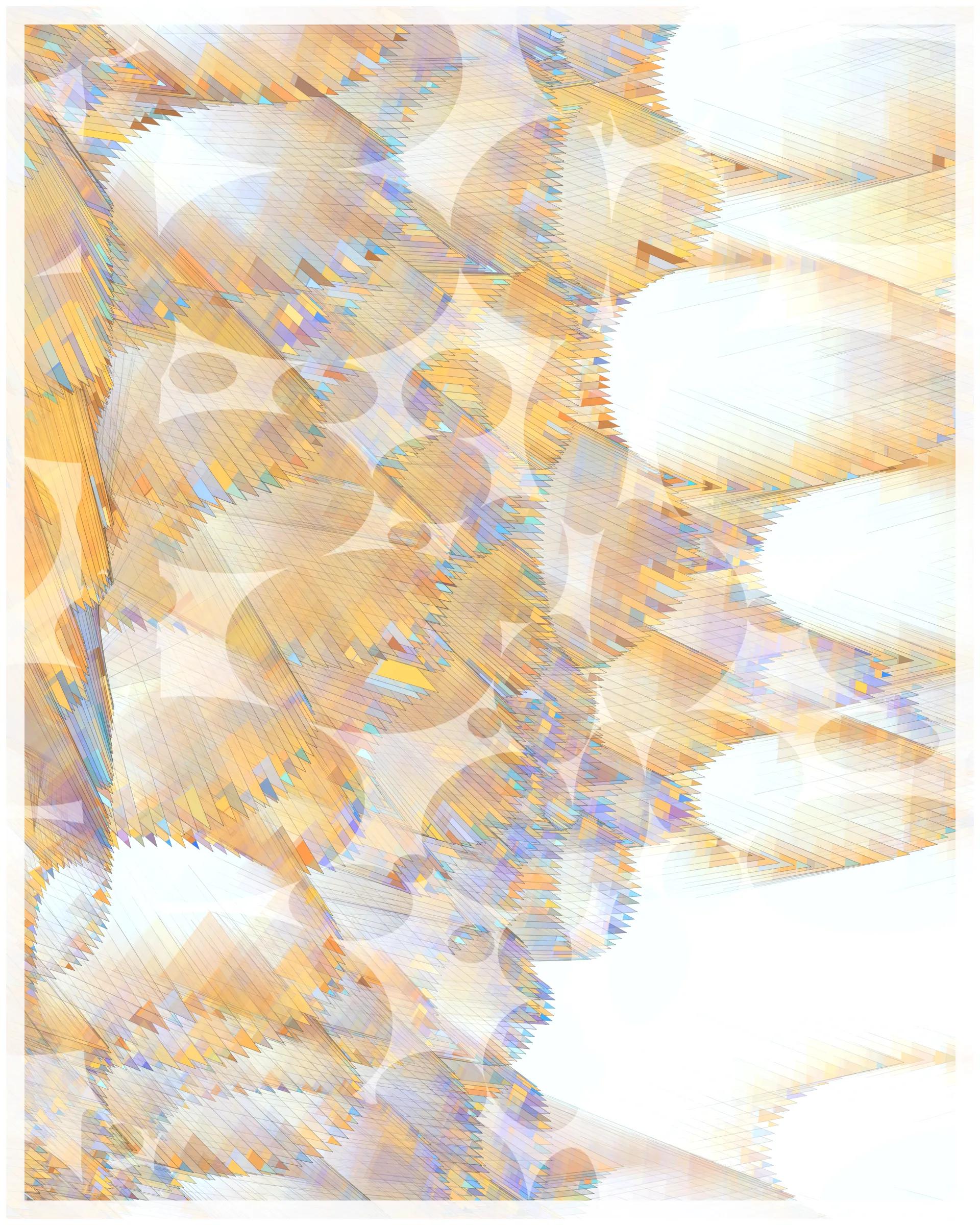 _There are no artifacts. There are only interpretations._

Glass is about the illusion of simplicity that cocoons us in our everyday existence. A glance at Glass may suggest a foam of bubbles or pebbles under clear water. But on inspection, these simple pictures dissolve. Instead of disks one finds stacked panes of translucent glass, intersecting and overlapping. There is dissonance between fine-scale chaos and the harmony of the aggregate. In Glass, two levels of reality -- panes of glass and the foam of bubbles -- are brought close together in scale, so that our oversimplified impression yields a palpable disquiet.

What appears simple is often anything but. Consider a standard wooden desk. To our eyes, it looks solid and continuous, but we know that it is made of atoms, tiny electrons orbiting nuclei. And these subatomic particles are themselves not like miniature solar systems, but creatures of quantum mechanics, stranger than we can imagine. The vast difference in scale between the atomic and the macroscopic hides this complex reality, but fundamentally it is the same phenomenon shown here.

Glass continues my exploration of emergence. While in previous work I explored how simple systems can create complex, emergent forms, here the interest is in the converse: how coherence is often deceptive, masking a complex underlying reality.

Glass draws on the aesthetic of Shin Hanga artists Hiroshi Yoshida and Kawase Hasui, and abstract expressionist Sonja Sekula. In live view, Glass has ambient motion: the shadows evolve, imperceptibly slowly.

The following variations & controls are possible. You may need to click on the canvas before they are active. For a high-resolution output, use the pixel density controls. For example, on a standard laptop, an image saved at pixel density 5 will be approximately 3200 x 4000 pixels, and therefore suitable for printing at ~ 11" x 13" at 300 dpi.

Variations (require redrawing):

f -- fit-to-screen on/off
o -- outline on/off

Controls:

s   -- save as png
spacebar  -- pause/unpause ( useful to reduce CPU load in Live mode )
b -- border on/off ( useful for printing )
1-9  -- set pixel density (default=2 on retina displays)
+/-  -- increase/decrease pixel density