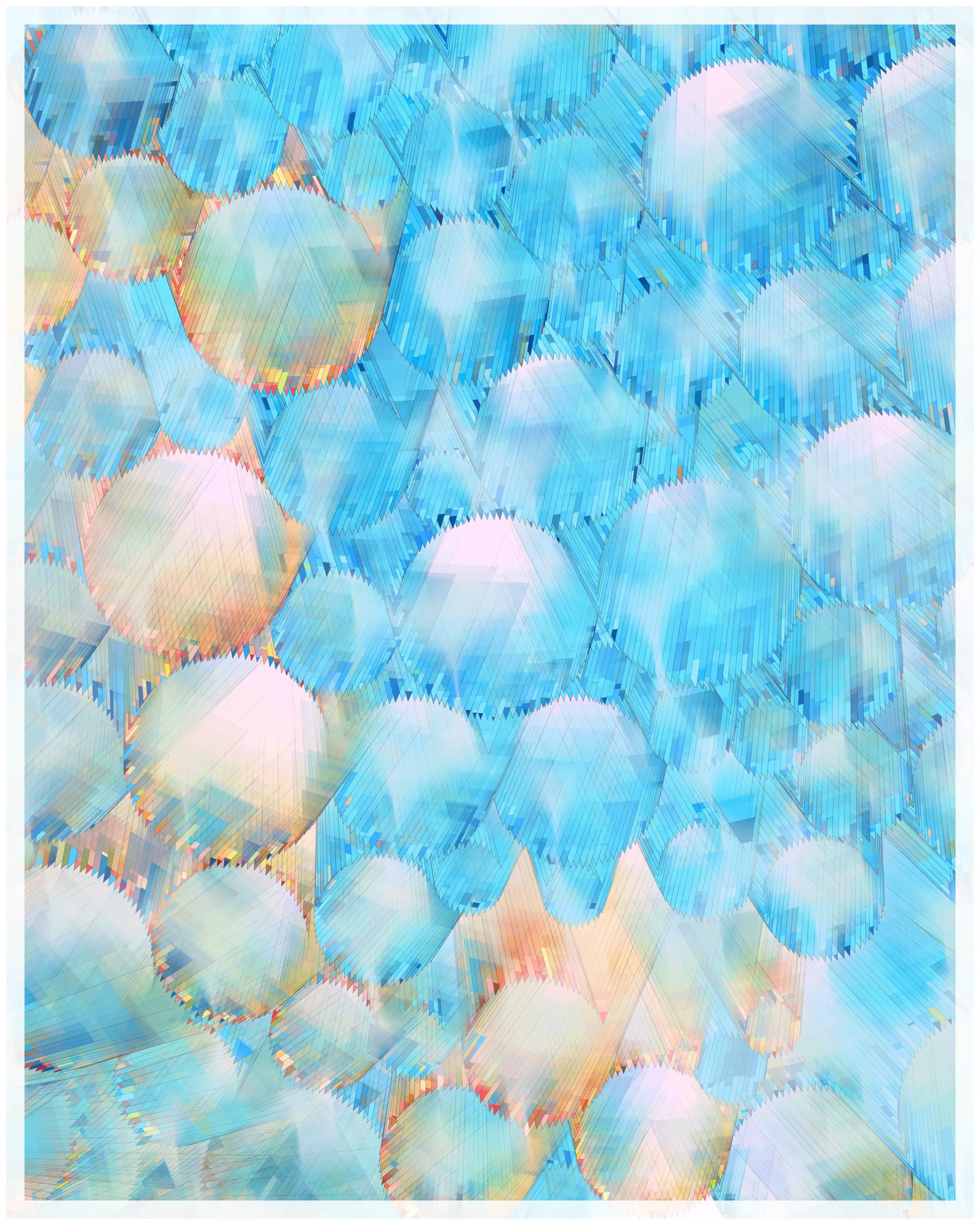 _There are no artifacts. There are only interpretations._

Glass is about the illusion of simplicity that cocoons us in our everyday existence. A glance at Glass may suggest a foam of bubbles or pebbles under clear water. But on inspection, these simple pictures dissolve. Instead of disks one finds stacked panes of translucent glass, intersecting and overlapping. There is dissonance between fine-scale chaos and the harmony of the aggregate. In Glass, two levels of reality -- panes of glass and the foam of bubbles -- are brought close together in scale, so that our oversimplified impression yields a palpable disquiet.

What appears simple is often anything but. Consider a standard wooden desk. To our eyes, it looks solid and continuous, but we know that it is made of atoms, tiny electrons orbiting nuclei. And these subatomic particles are themselves not like miniature solar systems, but creatures of quantum mechanics, stranger than we can imagine. The vast difference in scale between the atomic and the macroscopic hides this complex reality, but fundamentally it is the same phenomenon shown here.

Glass continues my exploration of emergence. While in previous work I explored how simple systems can create complex, emergent forms, here the interest is in the converse: how coherence is often deceptive, masking a complex underlying reality.

Glass draws on the aesthetic of Shin Hanga artists Hiroshi Yoshida and Kawase Hasui, and abstract expressionist Sonja Sekula. In live view, Glass has ambient motion: the shadows evolve, imperceptibly slowly.

The following variations & controls are possible. You may need to click on the canvas before they are active. For a high-resolution output, use the pixel density controls. For example, on a standard laptop, an image saved at pixel density 5 will be approximately 3200 x 4000 pixels, and therefore suitable for printing at ~ 11" x 13" at 300 dpi.

Variations (require redrawing):

f -- fit-to-screen on/off
o -- outline on/off

Controls:

s   -- save as png
spacebar  -- pause/unpause ( useful to reduce CPU load in Live mode )
b -- border on/off ( useful for printing )
1-9  -- set pixel density (default=2 on retina displays)
+/-  -- increase/decrease pixel density
