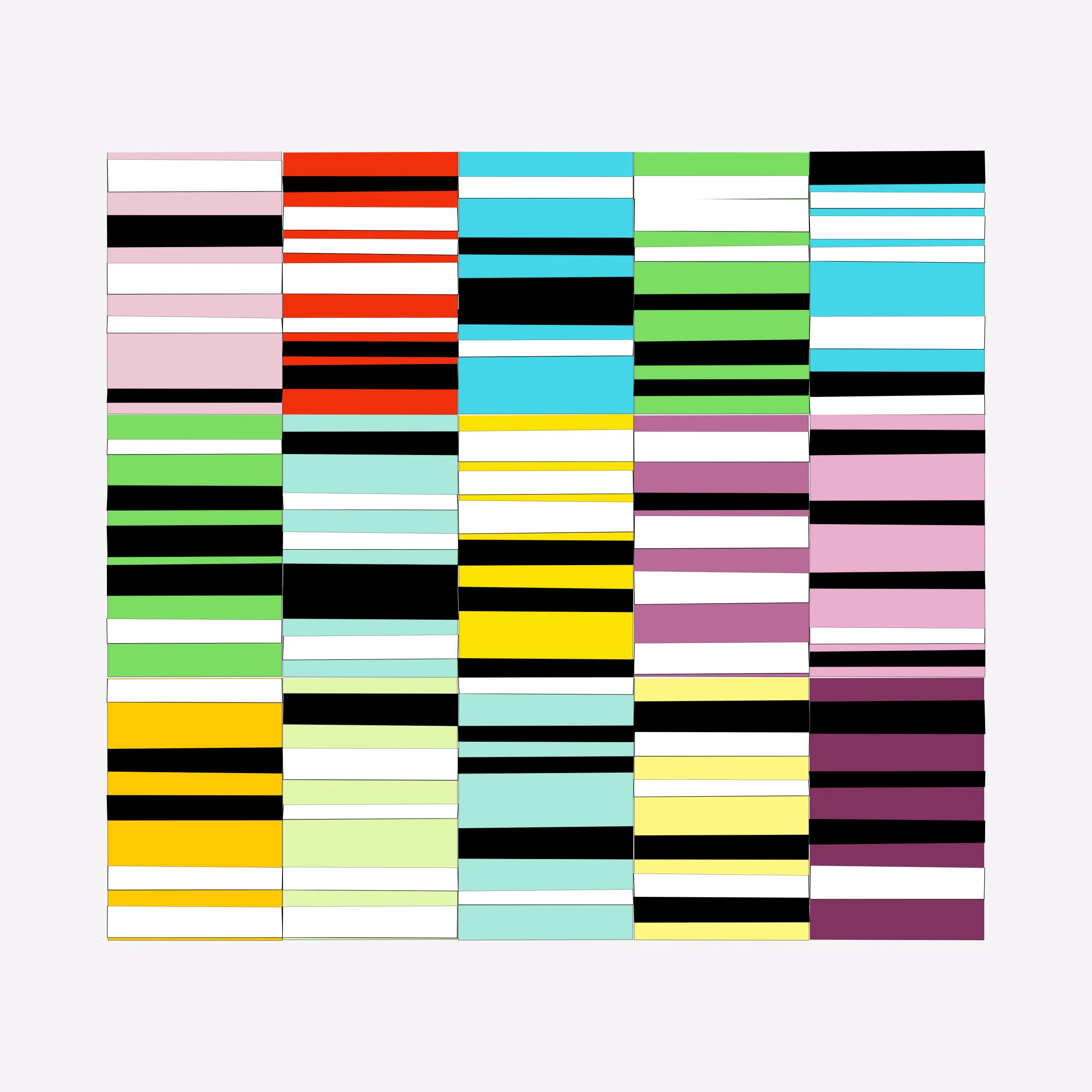 Attempts at perfection are destined to fail. This project embraces the impossibility of perfection in human execution and digitally simulates these imperfections.

In his abstract minimalist work, visual artist Wouter Kalis steers away from meaning. Horizontal black and white paper strips are placed on colored paper panels and one strip dictates the placing of the next. However, each attempt at perfection ends in failure. These mistakes have now become the signature of his work and contribute to the depth of content.

Digital representations of minimalist art can be executed to perfection but are less interesting to look at. In this project, artist Wouter Kalis and his son, software engineer Rosco Kalis, together attempt to recreate the human touch in digital art, the imperfection. 

The project displays computer-generated digital works similar to the physical works made out of paper. The colors of the digital panels are directly derived from the colors of the paper used for the physical work. The digital works can thus be reproduced using real paper. Please see the project website for details if you're interested in purchasing a handmade physical reproduction of your NFT.