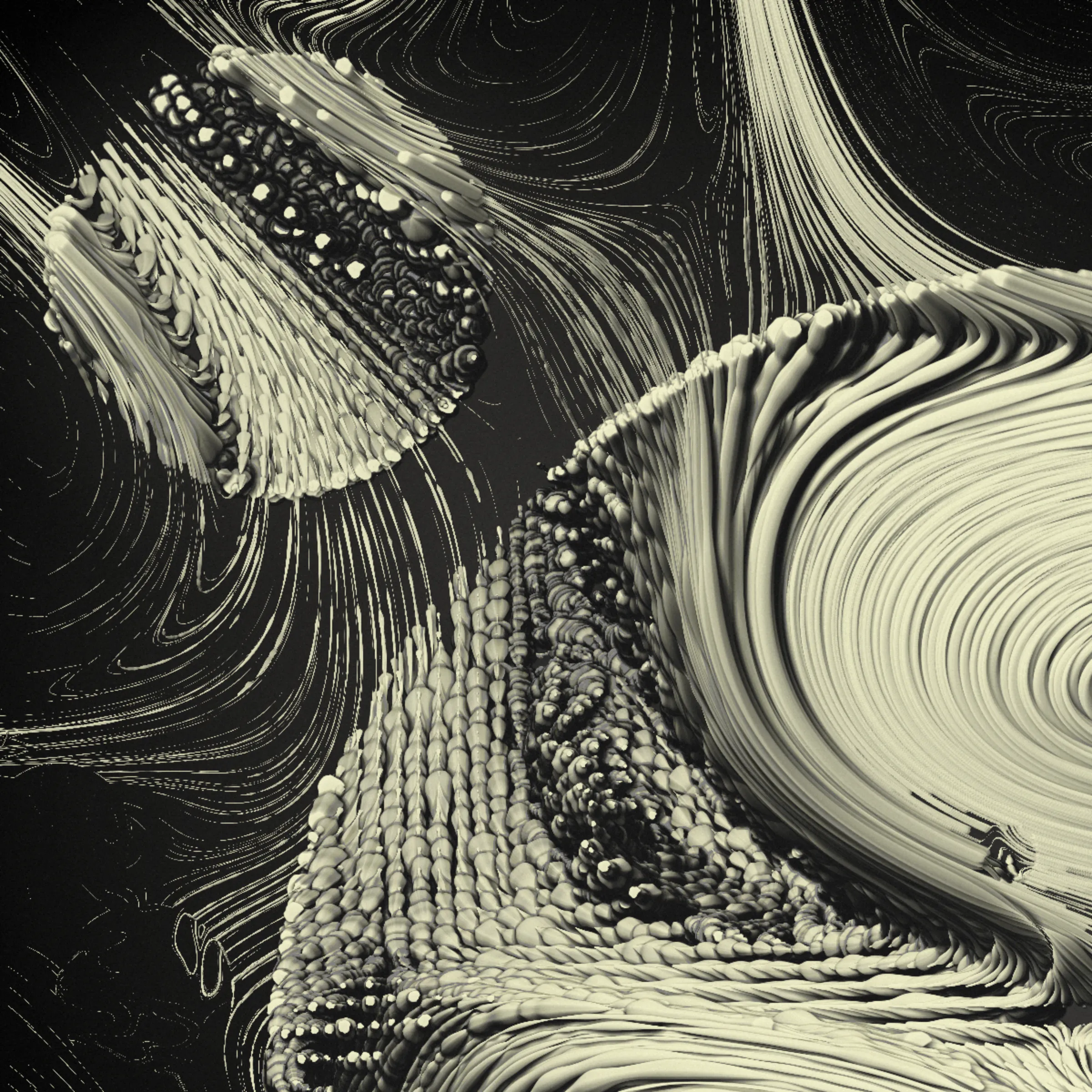 Drifting apart as the little islands that we are, you may ask yourself
_What is bigger - the inner space or the outer?_

This project was inspired by the multitudes we keep within us. The harsh shadows and the combination of pure 2d rendering with a 3d effect mimic feelings of separation from the rest of the world. Their undetermined scale reflects the seemingly unlimited depths of consciousness.

_The Inner World_ starts its rendering from one or more circular cores representing the centers of our personalities. Each of these cores spawns various thoughts and emotions, flowing as tendrils through the scene, making connections among themselves or reaching for the outside. Their movement ranges from straight and orderly to (seemingly) chaotic, sometimes twisting the clean underlying personality center into a completely different shape. Two rendering styles (illustrative and shaded) with palettes ranging from cool, gloomy and serious to cheerful or dramatic reflect the variety of predispositions.

While waiting for the rendering to complete, look at the focus animation highlighting the circular cores of your piece. You're invited to spend this time pondering how everything you know, everything you have or will ever experience, and even the most majestic sights from stars to microbes fit into the space between your ears.