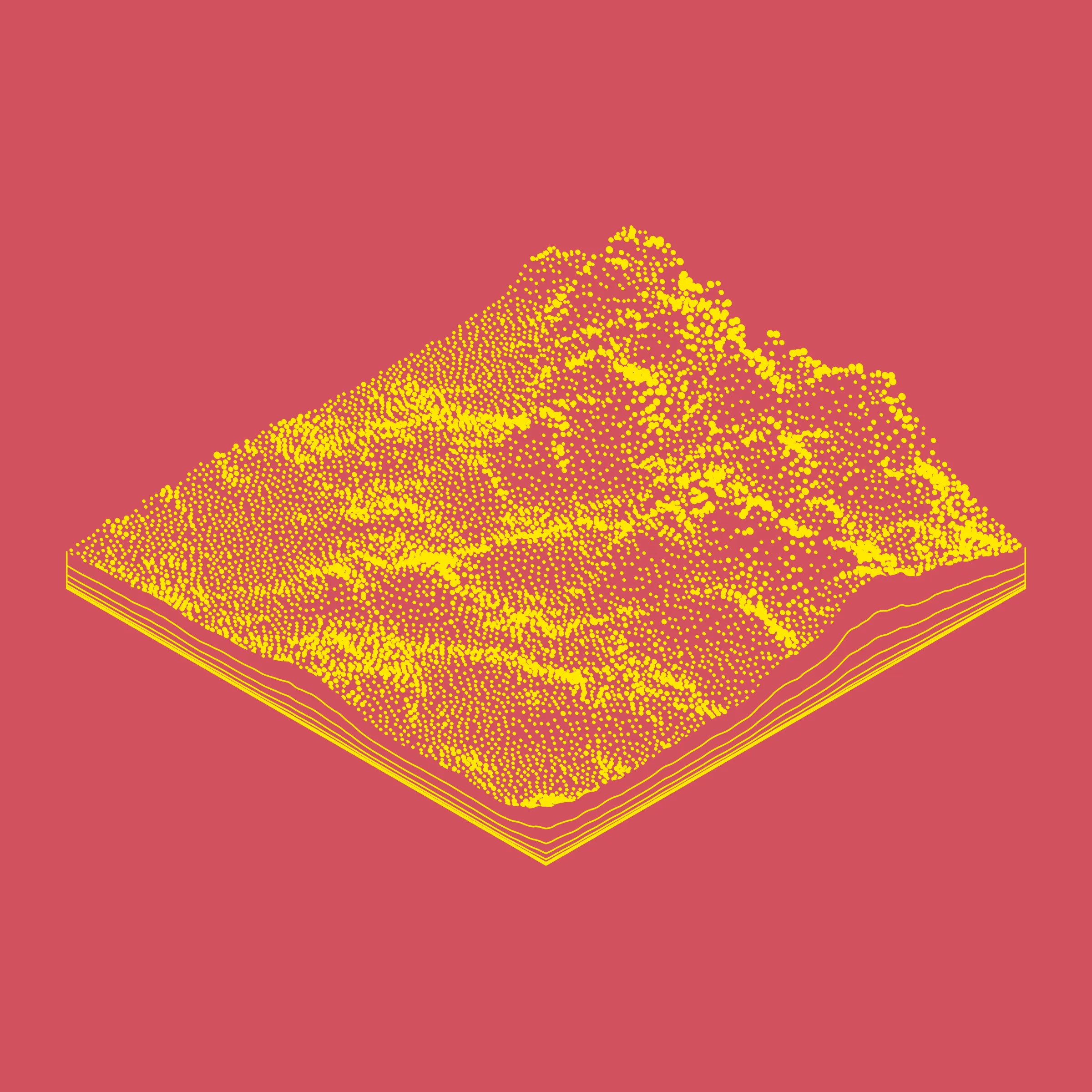 A generative algorithm that draws the impression of a landscape from a multitude of possibilities. The unique seed from each token drives the parametric assortment of lines, colors, and forms into a constructed composition.