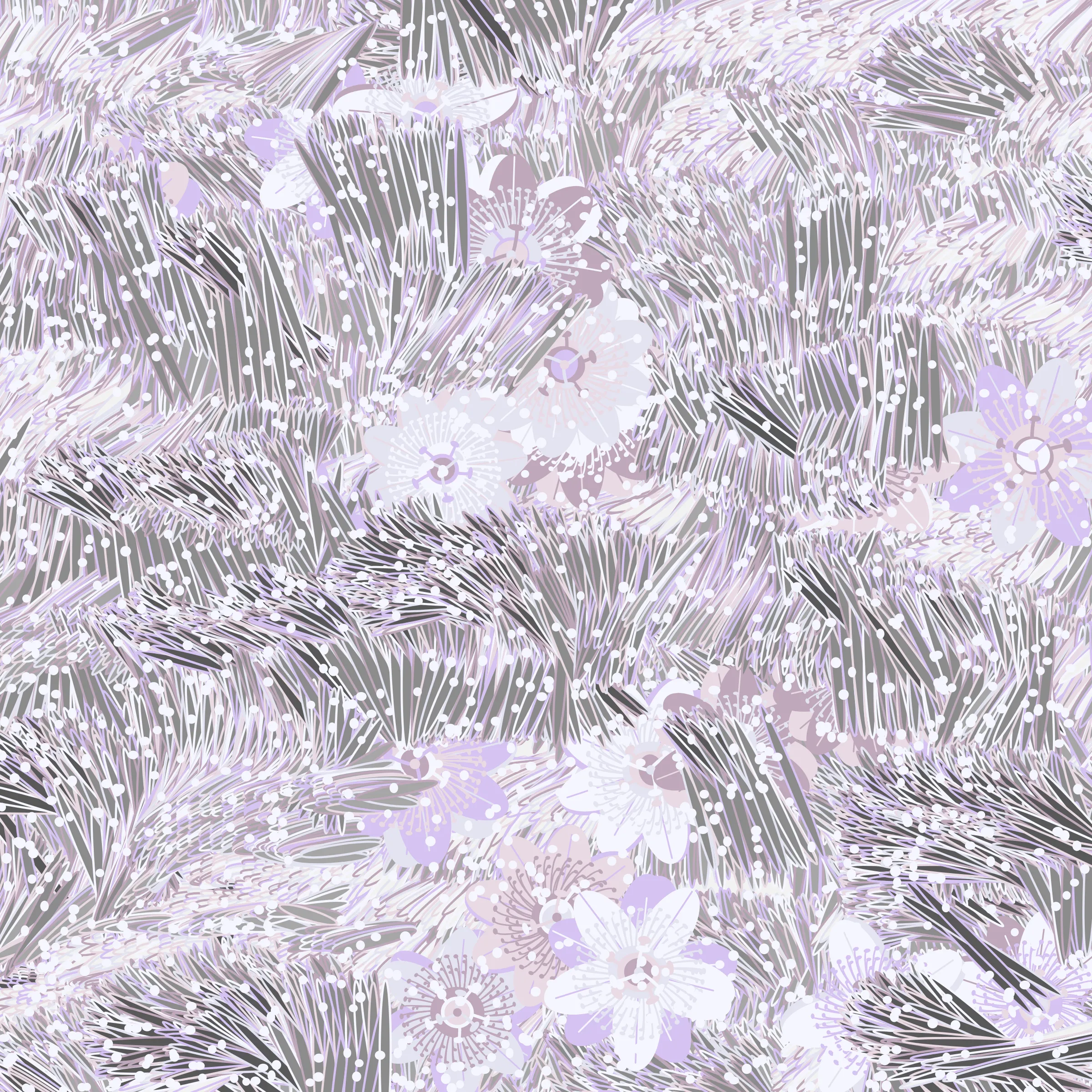 “Fragments of an infinite field” is a compositional system in which an idealized plant species is generated and arranged in a potentially infinite field of foliage. The main environmental parameter of the composition is the determination of a season of the year. The season determines the landscape’s colors and defines specific phenomena for each of them, such as rain in summer, snow in winter, petals falling in autumn, and pollen in spring. The flower has several possible variables, which can be macro aspects, affecting the entire population of the species, or micro, affecting each individual of the species differently. For example, the number of petals can be equal in all individuals or not. The number of filaments and other structures of the flower can undergo minor deviations, generating small mutations. The confusion between the figure (plant) and the background (earth, sky, other natural elements) is fascinating from a compositional point of view. The background colors are, most of the time, colors present in the figures, often breaking the boundary between them and, therefore, generating chromatic masses. In this project I also intend to research the following question: How to create parameters that resemble a living organism's growth? In this sense, the project approaches digital morphogenesis and the development of procedural organisms.