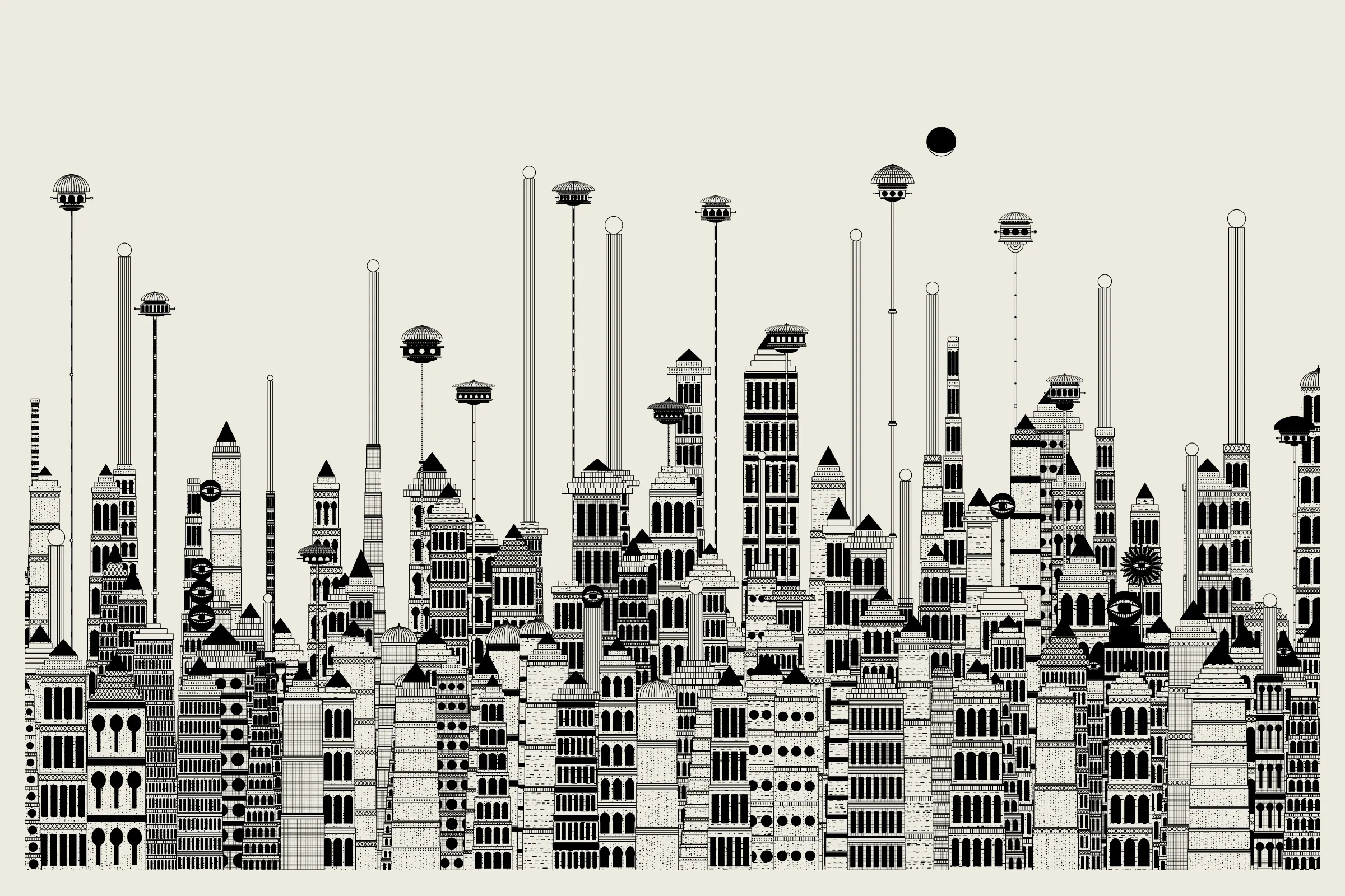 _Alan Ki Aankhen_ is an exploration of other-worldly cityscapes in the visual aesthetic of Fahad’s distinct style with pen and paper. The title, translated as _Alan’s Eyes_, alludes to Alan Turing’s machine intelligence test - a thought experiment foreshadowing a moment in which we can no longer differentiate between the real and the artificial. Though first proposed in 1950, the topic feels especially relevant today, as even our creative practices are being carried by shifting technological tides.

The algorithms and decision-making encoded into this generative art project intentionally imitate Fahad’s approach on traditional mediums - composition rules, textures, and overall themes. The visual elements are inspired by Fahad’s memories from his nomadic life. You’ll find intricate windows from Rajasthan, massive Egyptian pyramids rising from the horizon, a density of civilization only seen in New York, and the moon - a comforting and shared sight no matter where you stand.