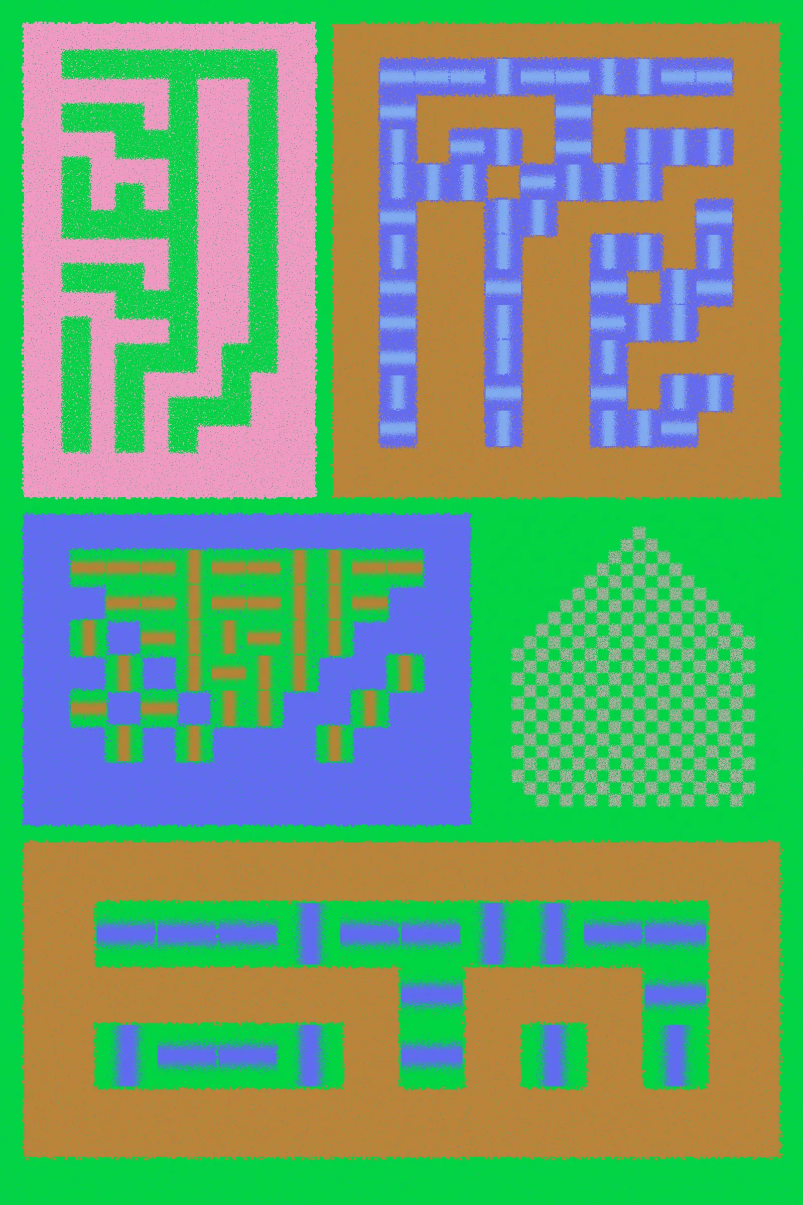 Fermented Fruit is a generative art series designed to live on the Ethereum blockchain and to be rendered in real-time by the browser. Just as food is transformed by microorganisms during the process of fermentation, the substrate of the HTML canvas is broken up into parts and transformed by cellular patterns. The project features the simulated lifeforms of cellular automata that evolve and shape-shift down an asymmetrical grid. The final artwork juxtaposes a number of textured cellular automata patterns against one another within a singular composition.