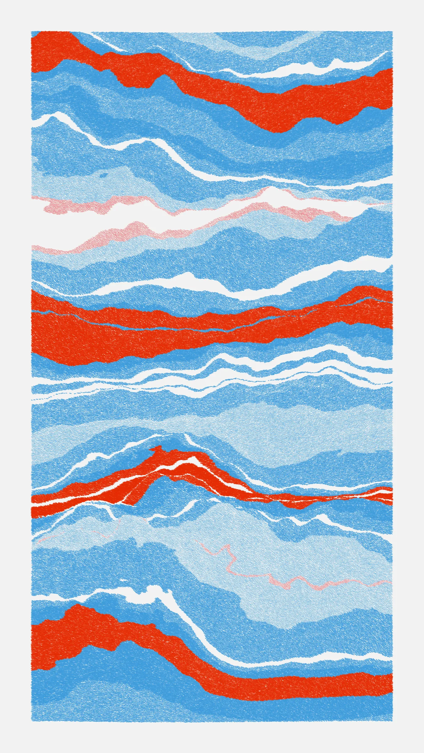 Stratified landforms constructed from many small strokes of colour. The hash of each token describes a coordinate within a multidimensional generative space, locating a unique composition that lies along one of many possible longitudes.