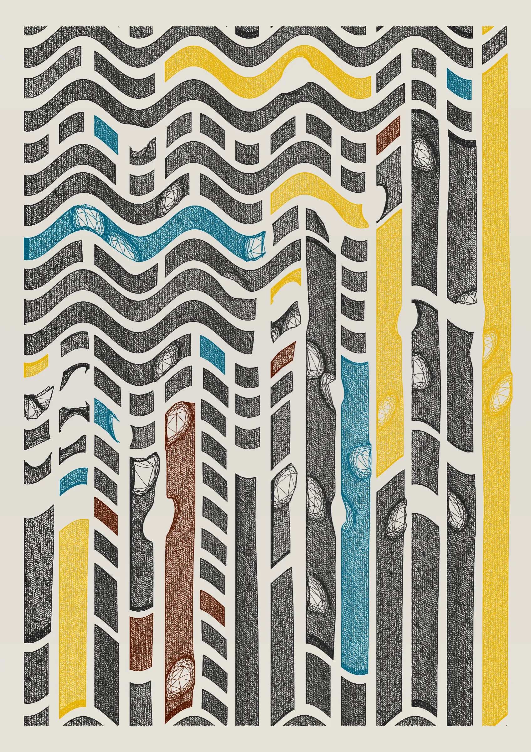 "Edifice" is a series of 976 massive, deteriorating structures built on strange terrain. It is an exploration of buildings being conceptualized, constructed, and eroded away under a wide variety of conditions. Edifice's outputs run the gamut between minimal and maximal, with some showing few large, static blocks of color, and others many small, highly textured and warped shapes. Each image is progressively constructed in front of the viewer's eyes. It is a system full of surprises that I'm excited to share with the world.