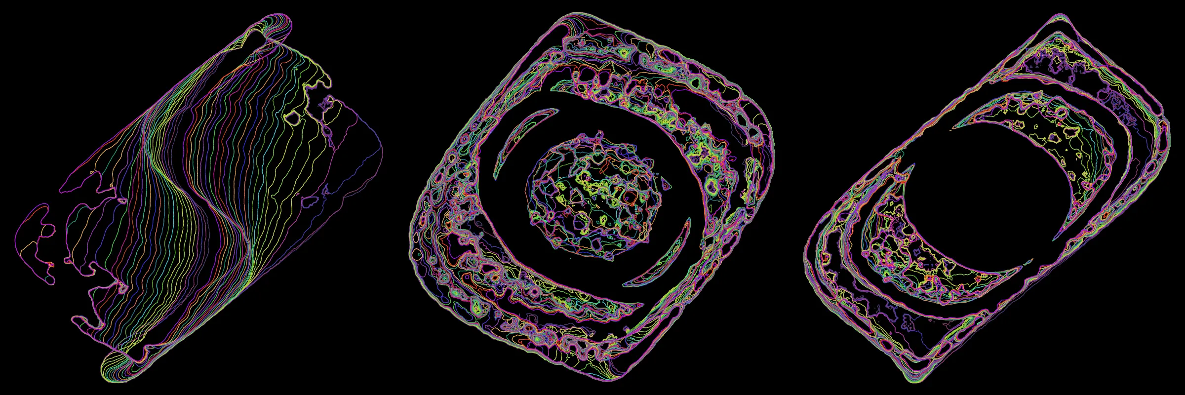 Primordial presents forms as diverse as those found in the natural world. The emergent system powering Primordial is capable of generating this diversity but is hard to control. After the initial generation there is a curation step; forms must meet certain criteria or the algorithm replaces them.

The forms produced by Primordial are presented in a triptych, as comparing multiple outputs is fundamental to understanding a generative algorithm. Primordial attempts to generate triptychs where the individual forms are related, and the results can be surprisingly harmonious or discordant.

Once the triptych is finalized, click on one of the forms to redraw a previous image. Press s to save the entire triptych, or 1-3 to save an individual image.