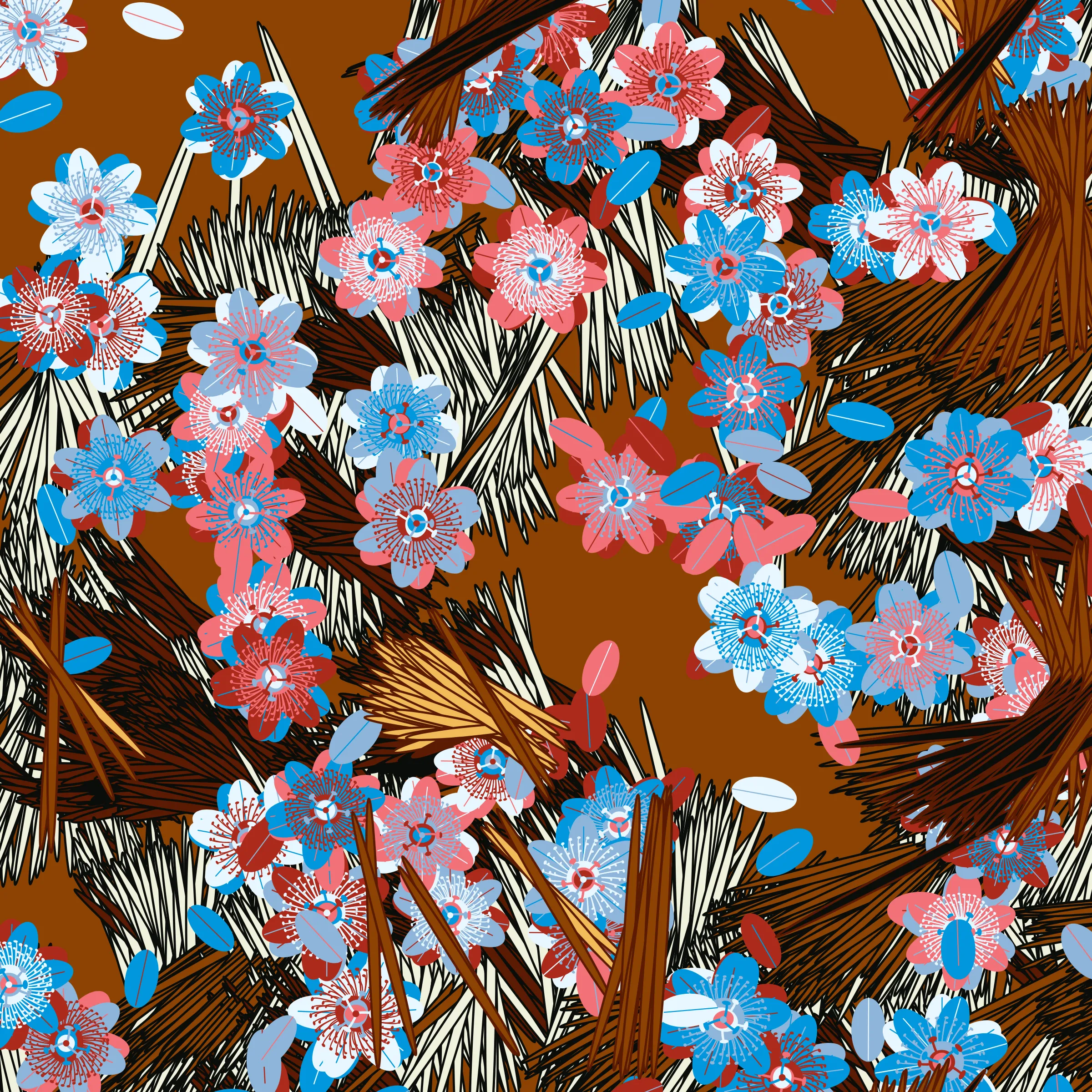 “Fragments of an infinite field” is a compositional system in which an idealized plant species is generated and arranged in a potentially infinite field of foliage. The main environmental parameter of the composition is the determination of a season of the year. The season determines the landscape’s colors and defines specific phenomena for each of them, such as rain in summer, snow in winter, petals falling in autumn, and pollen in spring. The flower has several possible variables, which can be macro aspects, affecting the entire population of the species, or micro, affecting each individual of the species differently. For example, the number of petals can be equal in all individuals or not. The number of filaments and other structures of the flower can undergo minor deviations, generating small mutations. The confusion between the figure (plant) and the background (earth, sky, other natural elements) is fascinating from a compositional point of view. The background colors are, most of the time, colors present in the figures, often breaking the boundary between them and, therefore, generating chromatic masses. In this project I also intend to research the following question: How to create parameters that resemble a living organism's growth? In this sense, the project approaches digital morphogenesis and the development of procedural organisms.