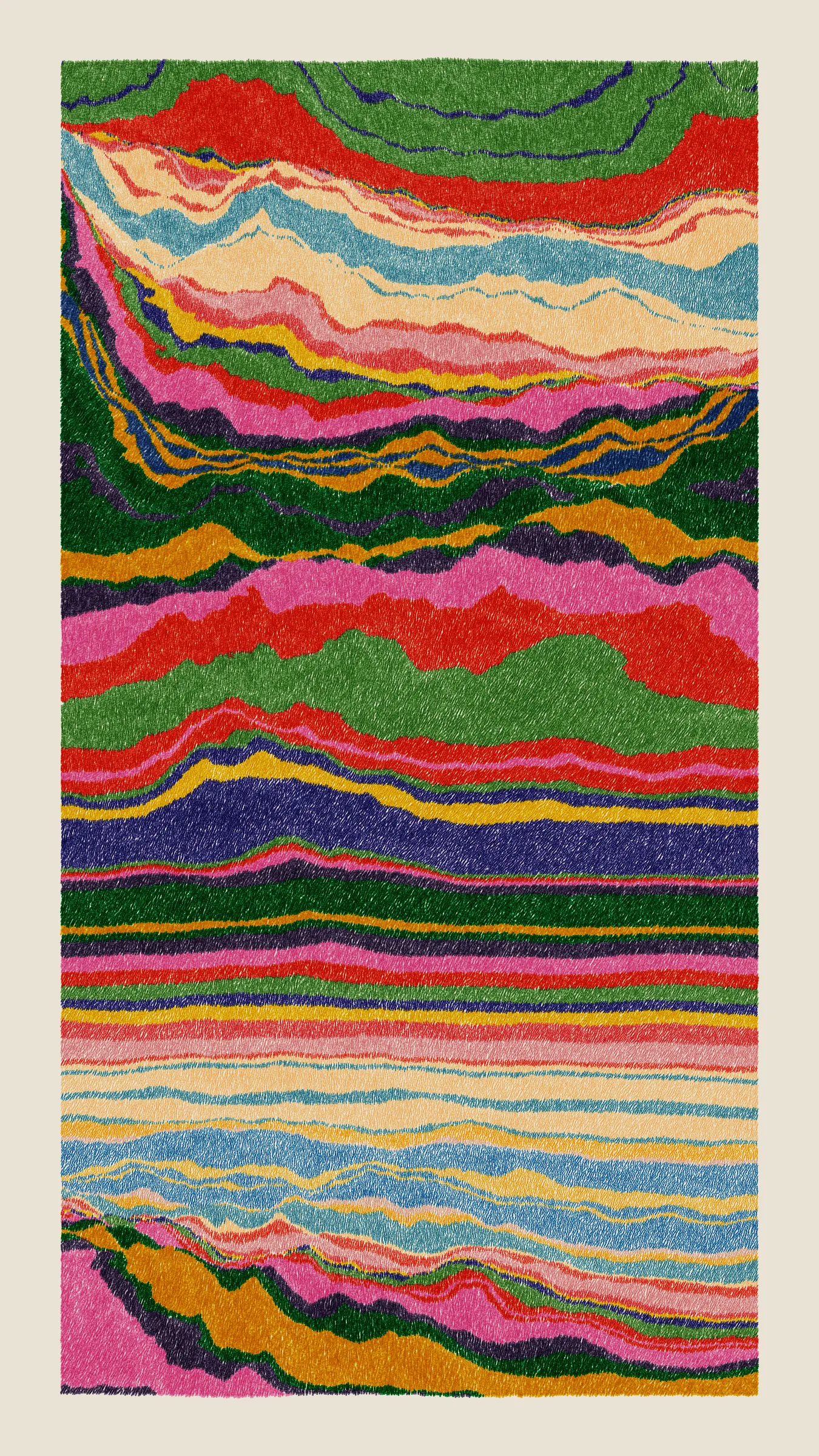 Stratified landforms constructed from many small strokes of colour. The hash of each token describes a coordinate within a multidimensional generative space, locating a unique composition that lies along one of many possible longitudes.