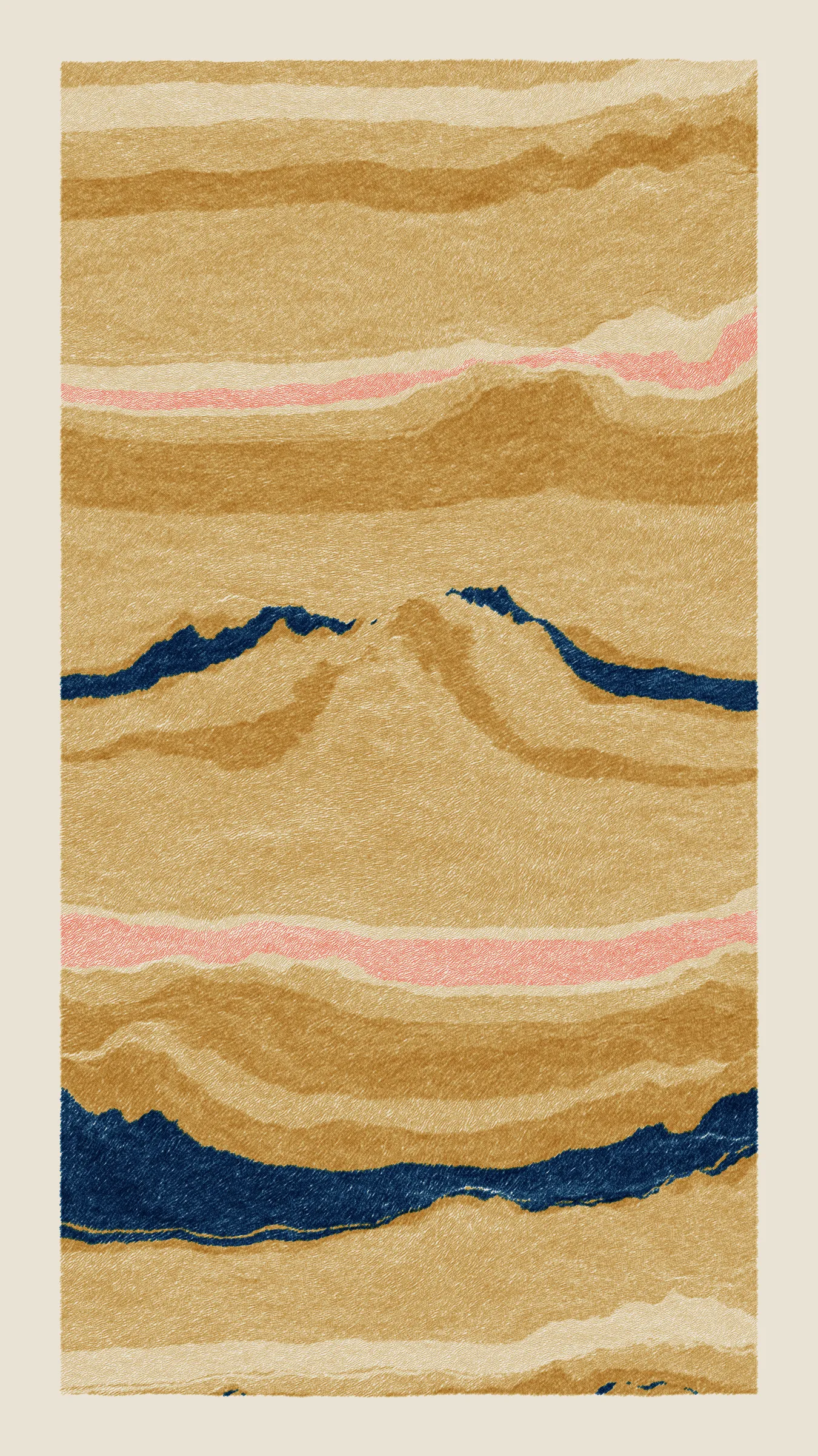 Stratified landforms constructed from many small strokes of colour. The hash of each token describes a coordinate within a multidimensional generative space, locating a unique composition that lies along one of many possible longitudes.