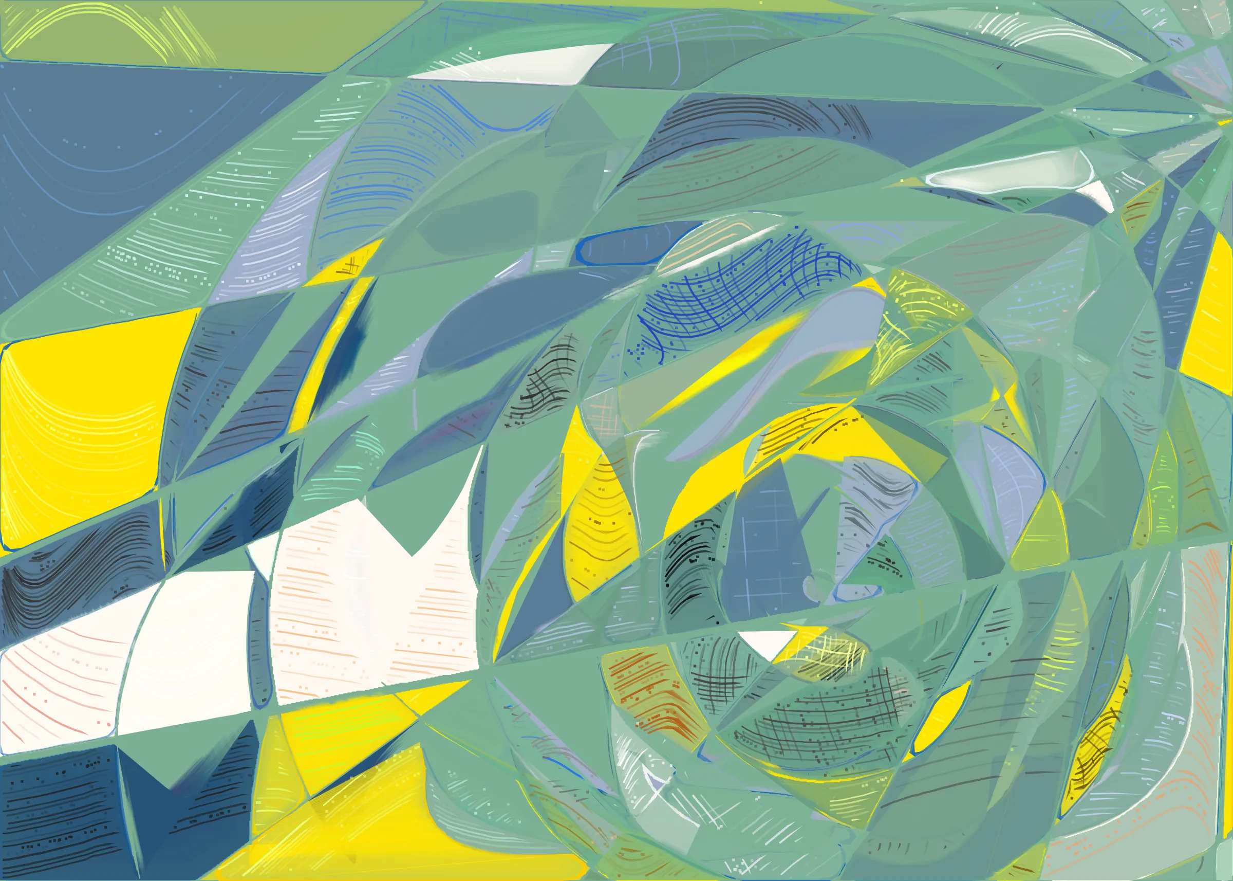 **Running Moon** depicts the nuanced interaction between clouds and moonlight. It is a search for boundaries between structure and fluidity, precision and errors. It is a quest for harmony. 

The rendering of **Running Moon** is inspired by stained glass and watercolor. It captures the sharpness of the glass and the softness of light using abstract forms. As organic shapes gradually expand to fill the space, brush-pen-like stripes solder these pieces together to form intricate compositions.