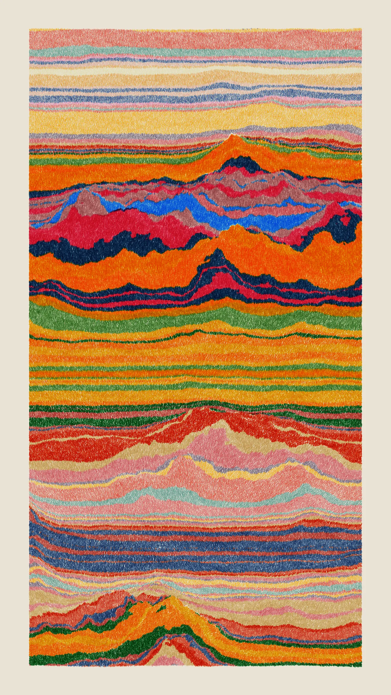 Stratified landforms constructed from many small strokes of colour. The hash of each token describes a coordinate within a multidimensional generative space, locating a unique composition that lies along one of many possible longitudes.